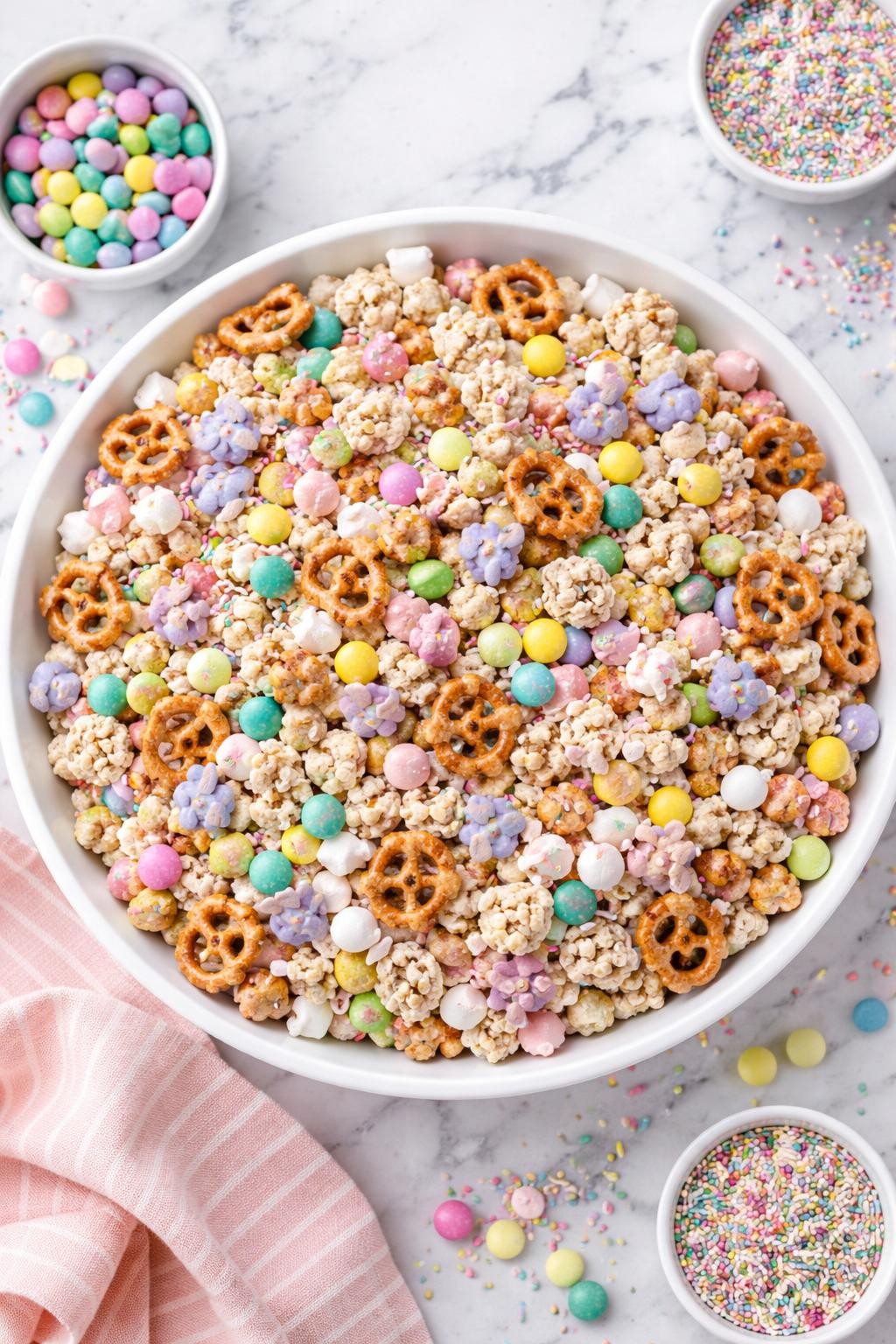 An overheard picture view of a plate of Gluten-Free Bunny Bait sitting on a marble countertop table in the kitchen, professional food photography style.