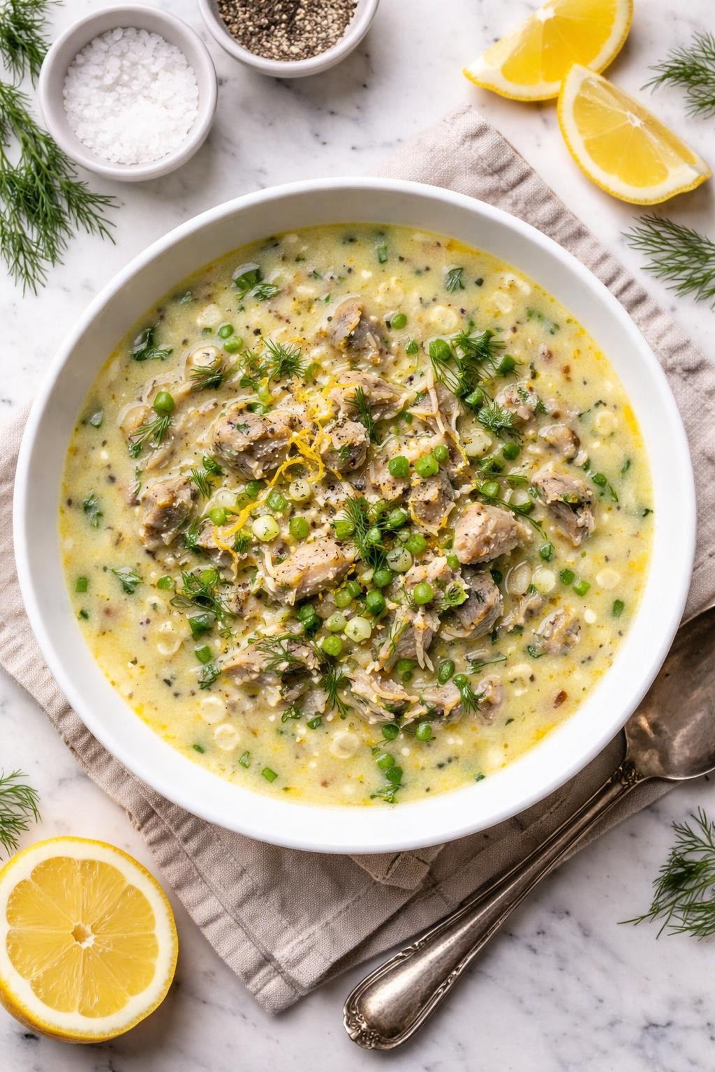 An overheard picture view of a plate of Mayiritsa Avgolemono (Egg-Lemon Soup) sitting on a marble countertop table in the kitchen, professional food photography style.