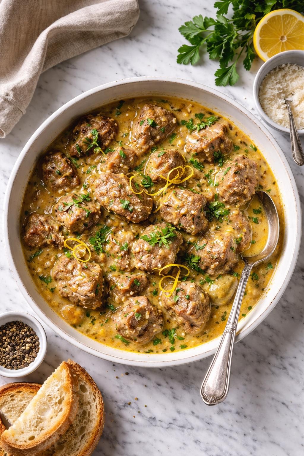 An overheard picture view of a plate of Agnello brodettato (Roman Easter Lamb Stew) sitting on a marble countertop table in the kitchen, professional food photography style.