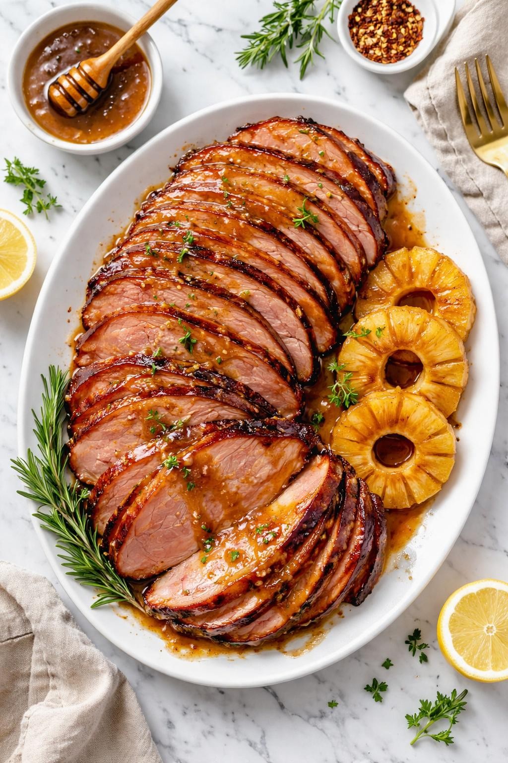 An overheard picture view of a plate of Slow Cooker Honey Garlic Ham sitting on a marble countertop table in the kitchen, professional food photography style.