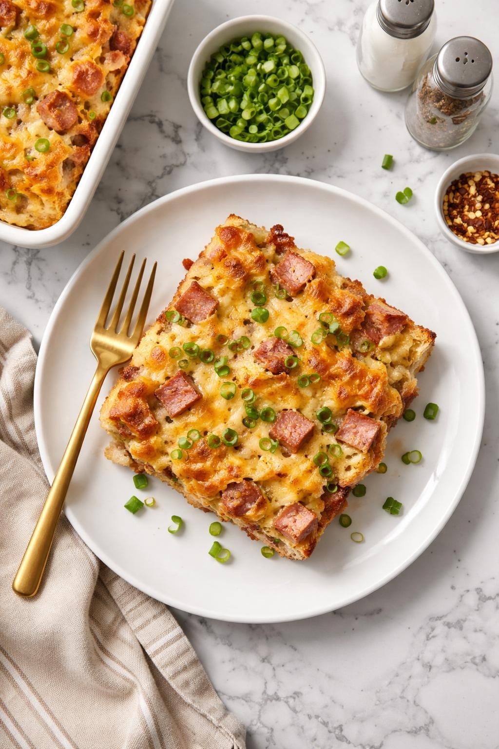 An overheard picture view of a plate of Ham and Cheese Breakfast Casserole sitting on a marble countertop table in the kitchen, professional food photography style.