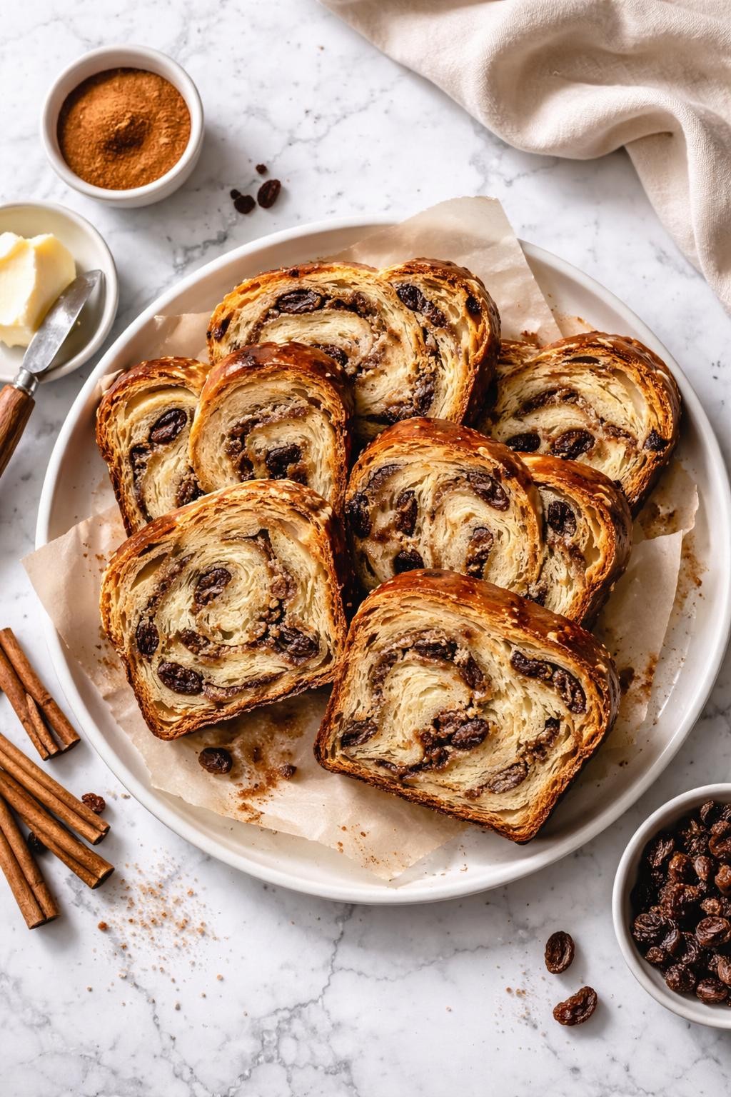 An overheard picture view of a plate of Sourdough Cinnamon Raisin Babka sitting on a marble countertop table in the kitchen, professional food photography style.