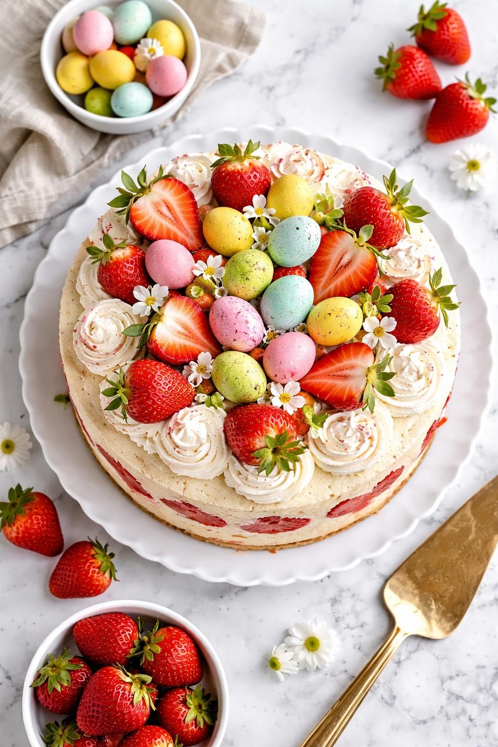 An overheard picture view of a plate of Strawberry Shortcake Easter Cake sitting on a marble countertop table in the kitchen, professional food photography style.
