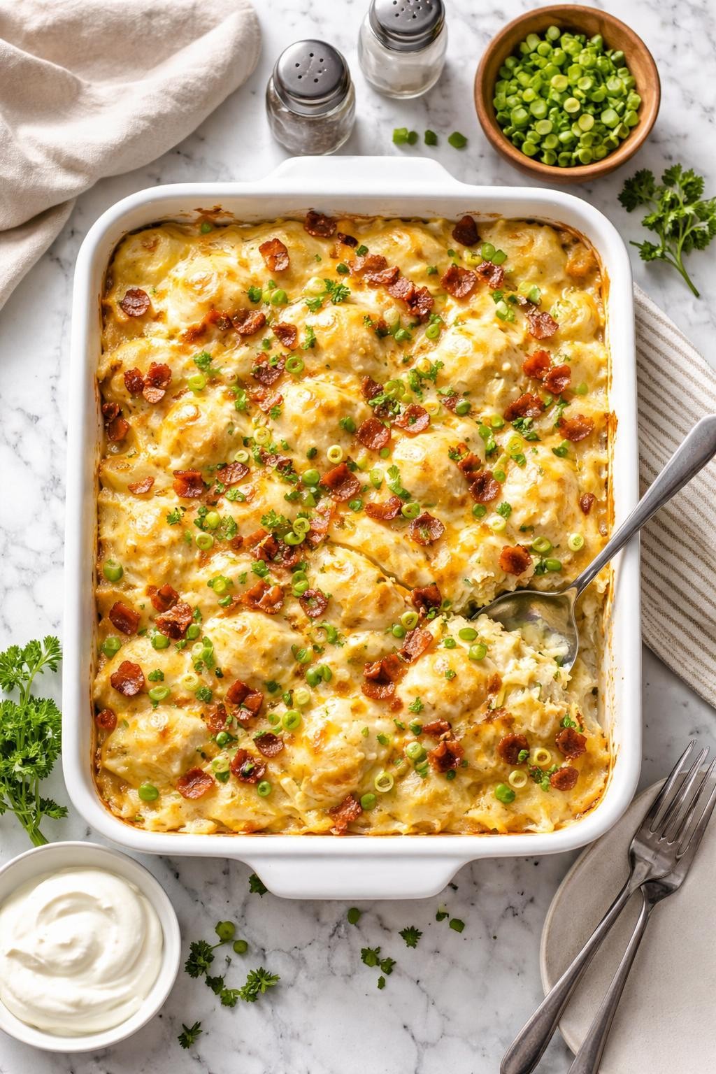 An overheard picture view of a plate of Easy Pierogi Casserole sitting on a marble countertop table in the kitchen, professional food photography style.
