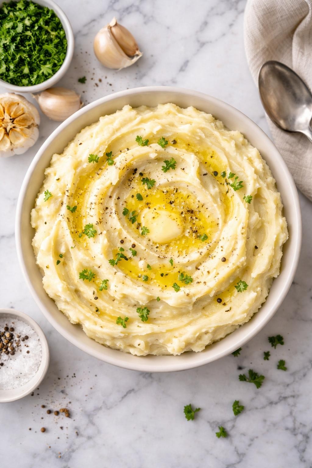 An overheard picture view of a plate of Garlic Mashed Potatoes sitting on a marble countertop table in the kitchen, professional food photography style.
