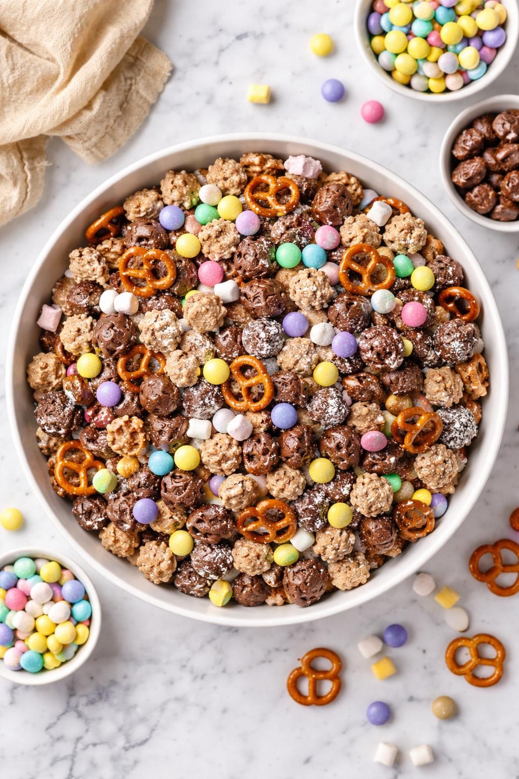 An overheard picture view of a plate of Chocolate Lover's Easter Chex Mix sitting on a marble countertop table in the kitchen, professional food photography style.