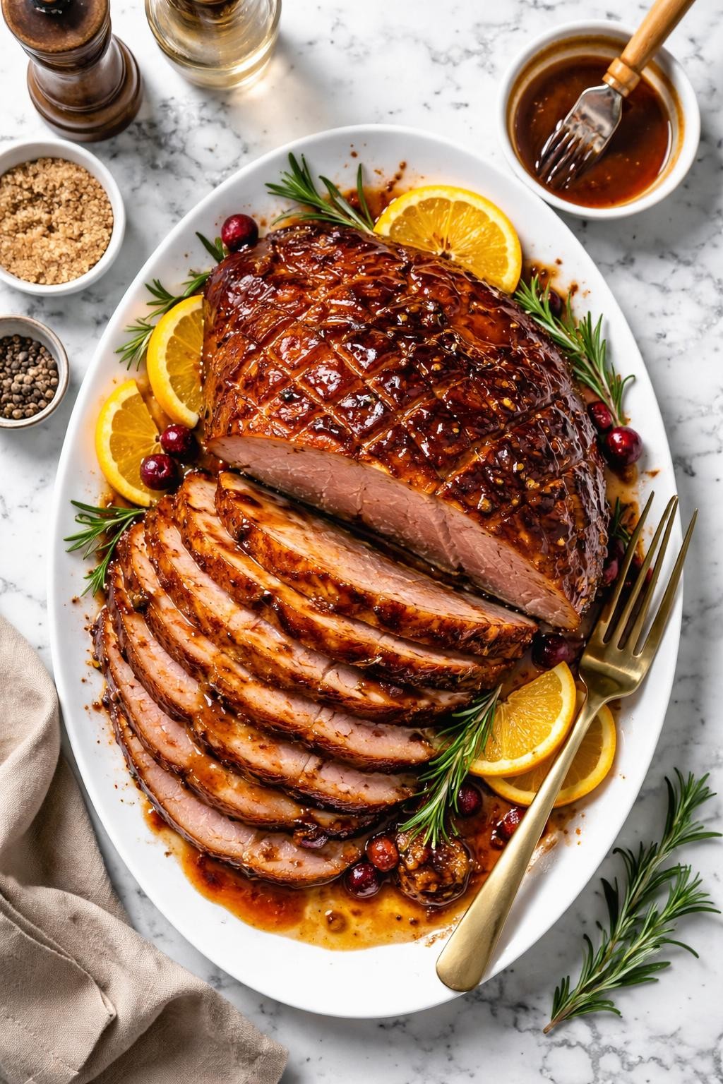 An overheard picture view of a plate of Brown Sugar Bourbon Glazed Ham sitting on a marble countertop table in the kitchen, professional food photography style.