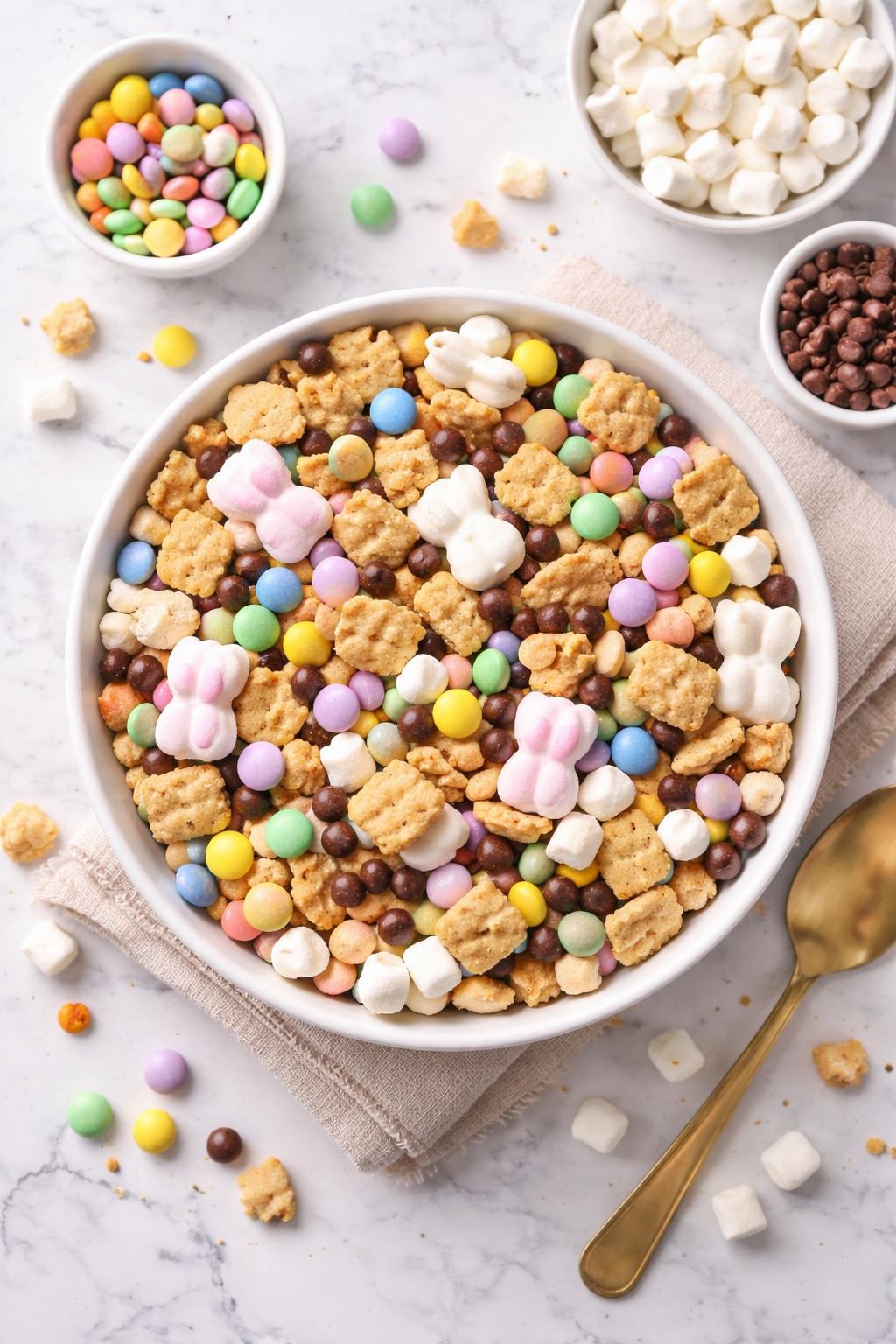 An overheard picture view of a plate of S'mores Easter Trail Mix sitting on a marble countertop table in the kitchen, professional food photography style.
