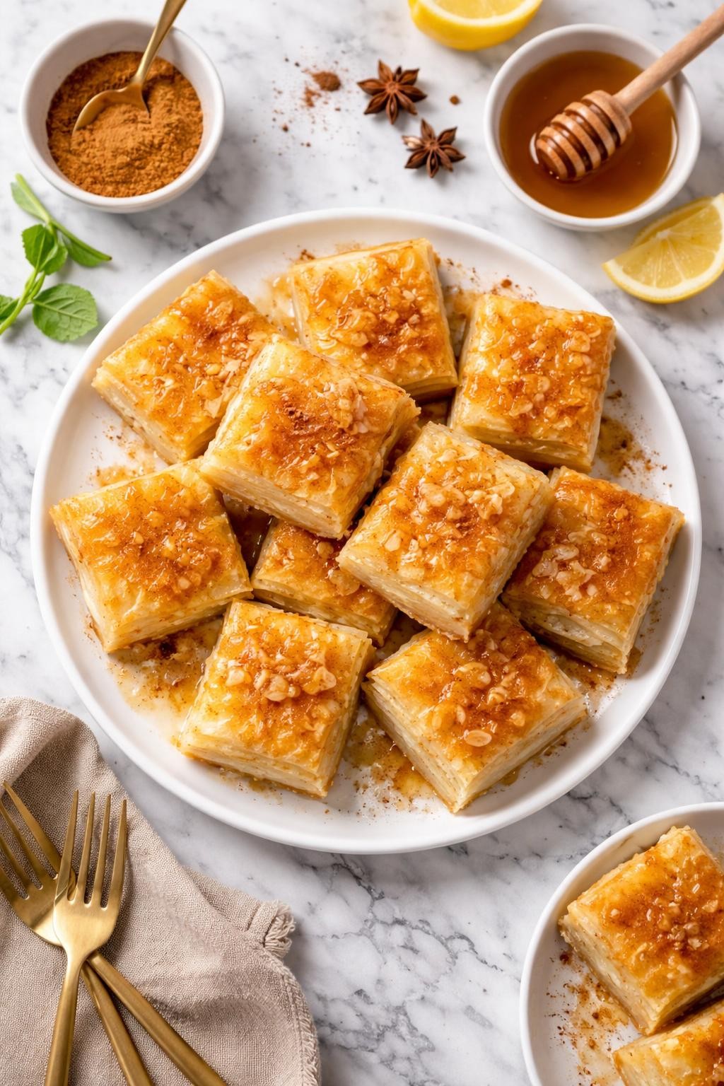 An overheard picture view of a plate of Galaktoboureko (Custard Phyllo Dessert) sitting on a marble countertop table in the kitchen, professional food photography style.