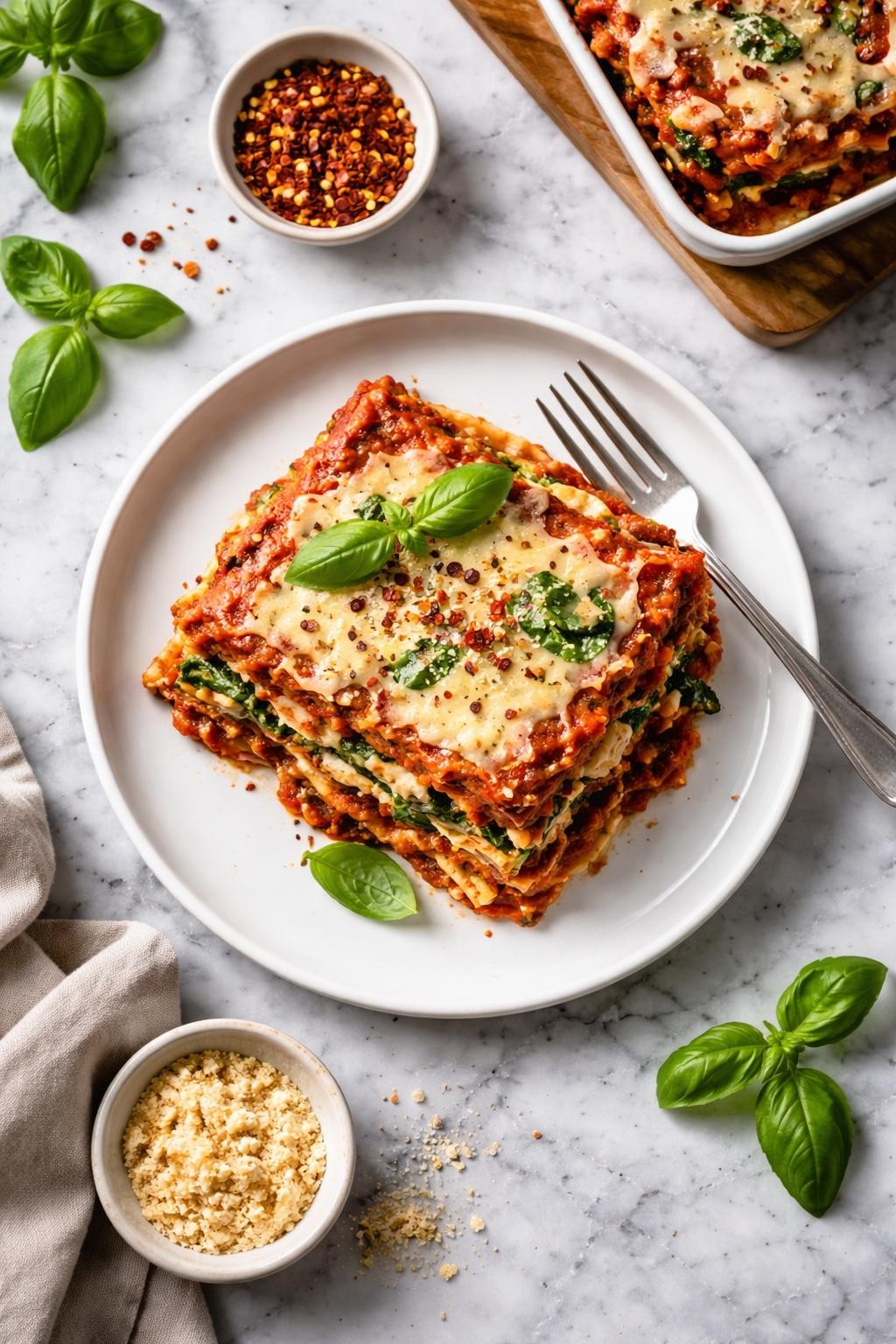 An overheard picture view of a plate of Vegan Lasagna with Tofu Ricotta sitting on a marble countertop table in the kitchen, professional food photography style.