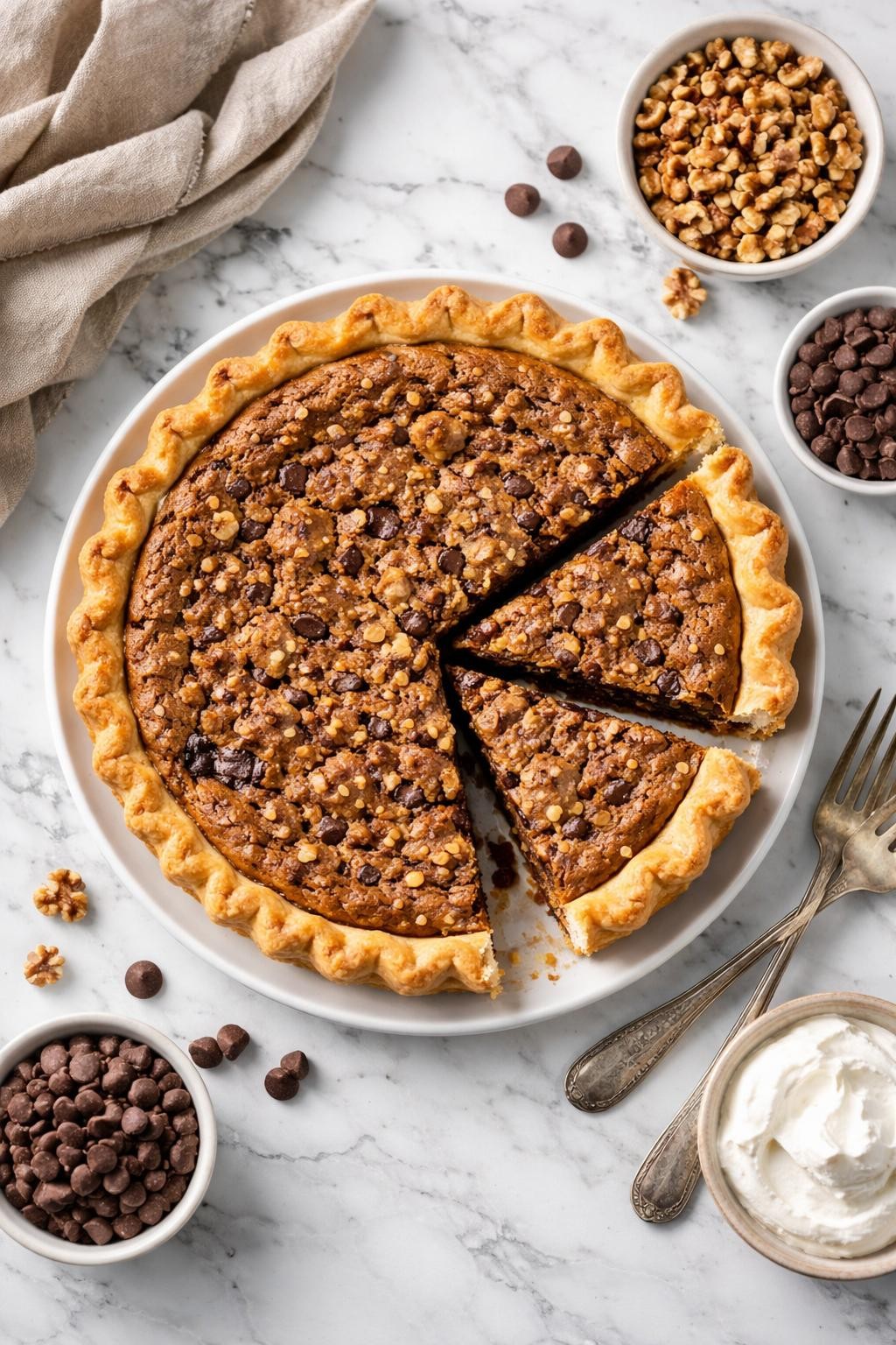 An overheard picture view of a plate of Derby Pie (Chocolate Walnut Pie) sitting on a marble countertop table in the kitchen, professional food photography style.