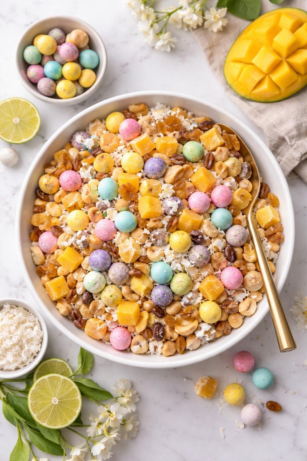 An overheard picture view of a plate of Tropical Easter Trail Mix sitting on a marble countertop table in the kitchen, professional food photography style.