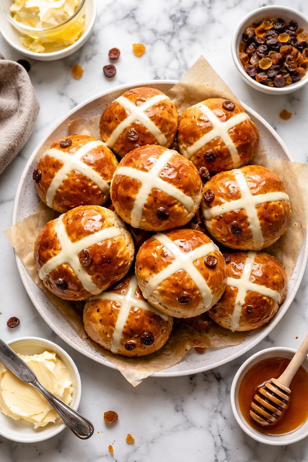 An overheard picture view of a plate of Sourdough Hot Cross Buns (Classic Version) sitting on a marble countertop table in the kitchen, professional food photography style.