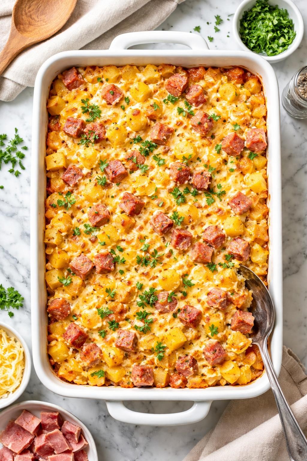 An overheard picture view of a plate of Cheesy Potato and Ham Casserole sitting on a marble countertop table in the kitchen, professional food photography style.