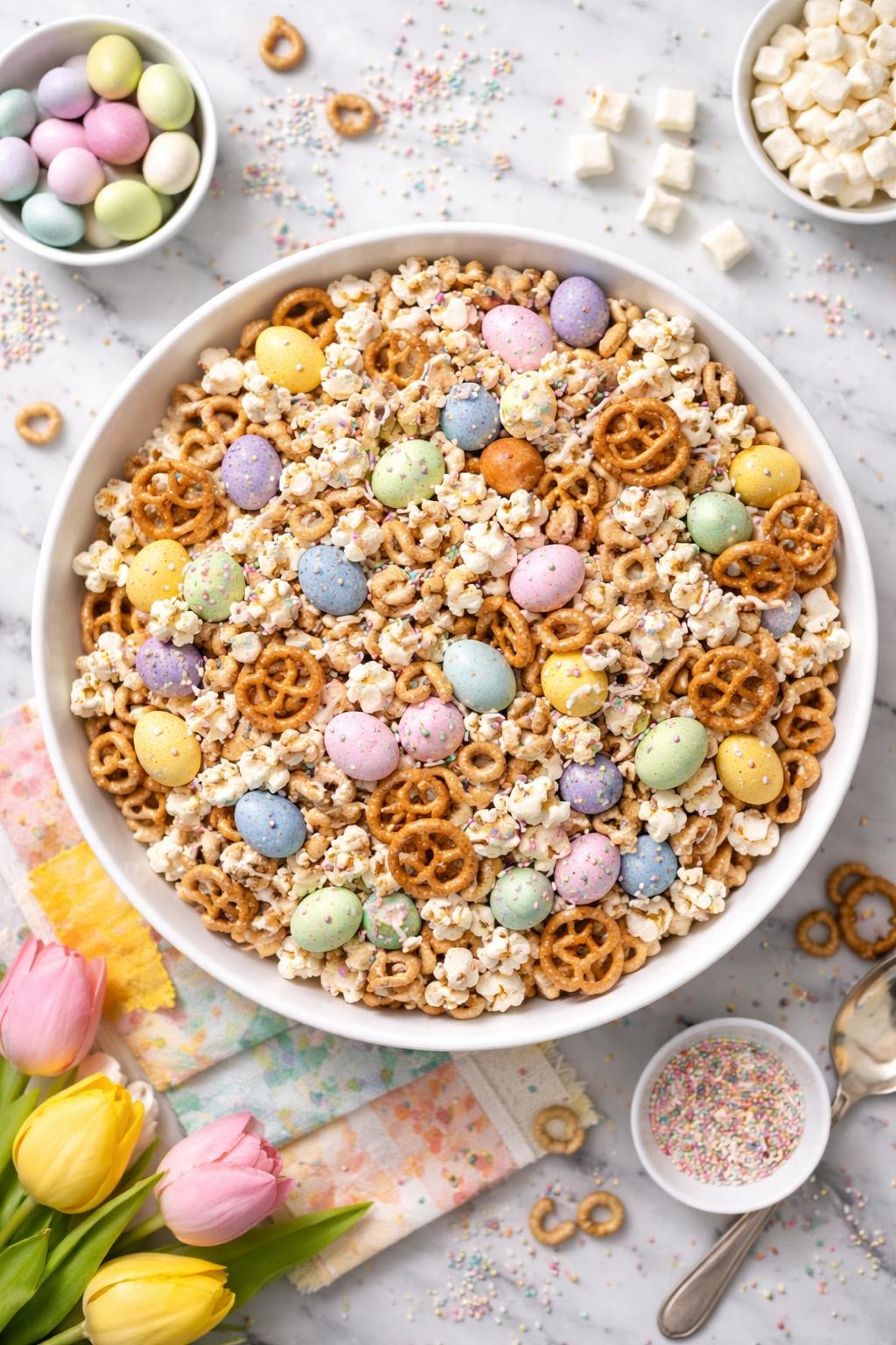An overheard picture view of a plate of Healthy(ish) Easter Snack Mix sitting on a marble countertop table in the kitchen, professional food photography style.