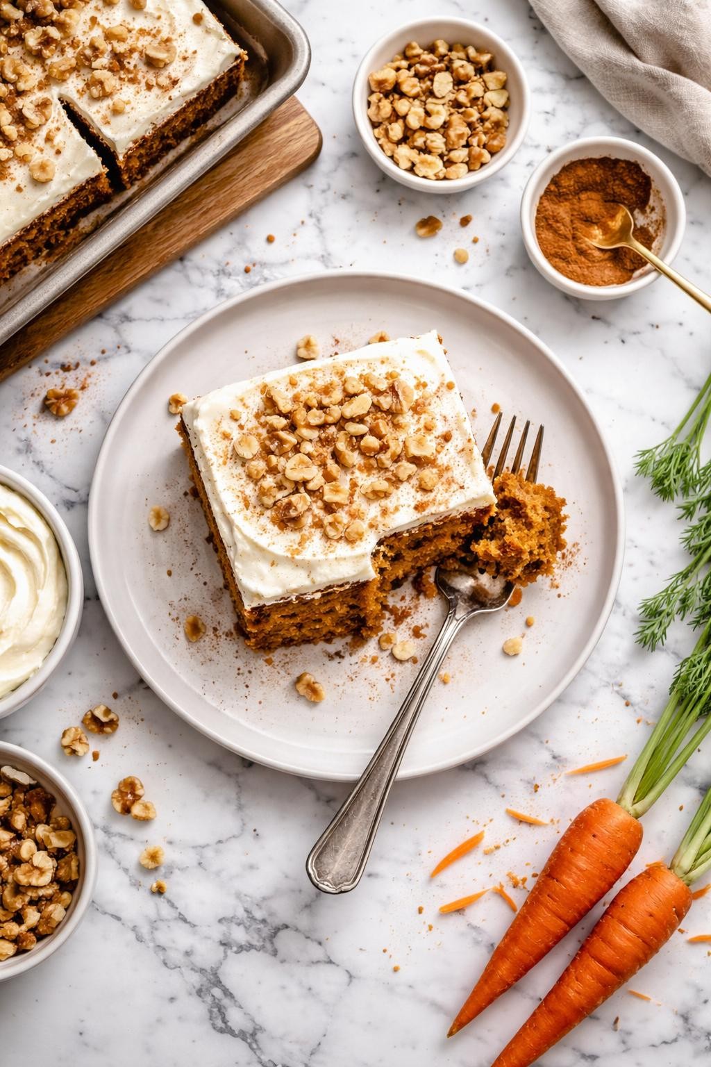 An overheard picture view of a plate of Sourdough Discard Carrot Cake sitting on a marble countertop table in the kitchen, professional food photography style.