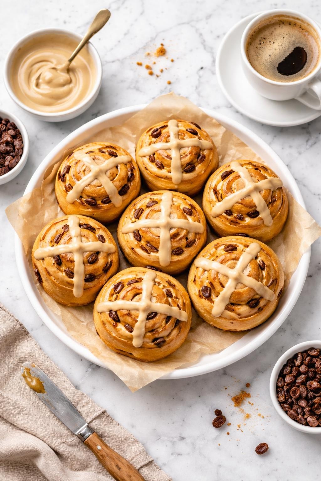 An overheard picture view of a plate of Hot Cross Bun Scrolls with Coffee Icing sitting on a marble countertop table in the kitchen, professional food photography style.