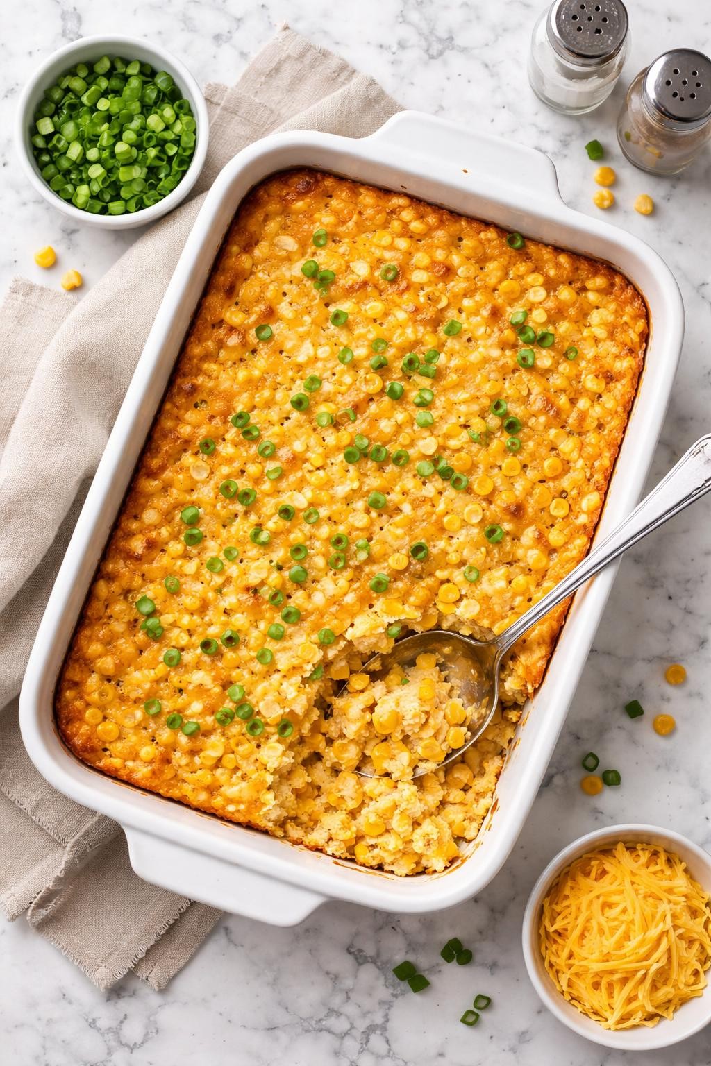 An overheard picture view of a plate of Corn Casserole sitting on a marble countertop table in the kitchen, professional food photography style.