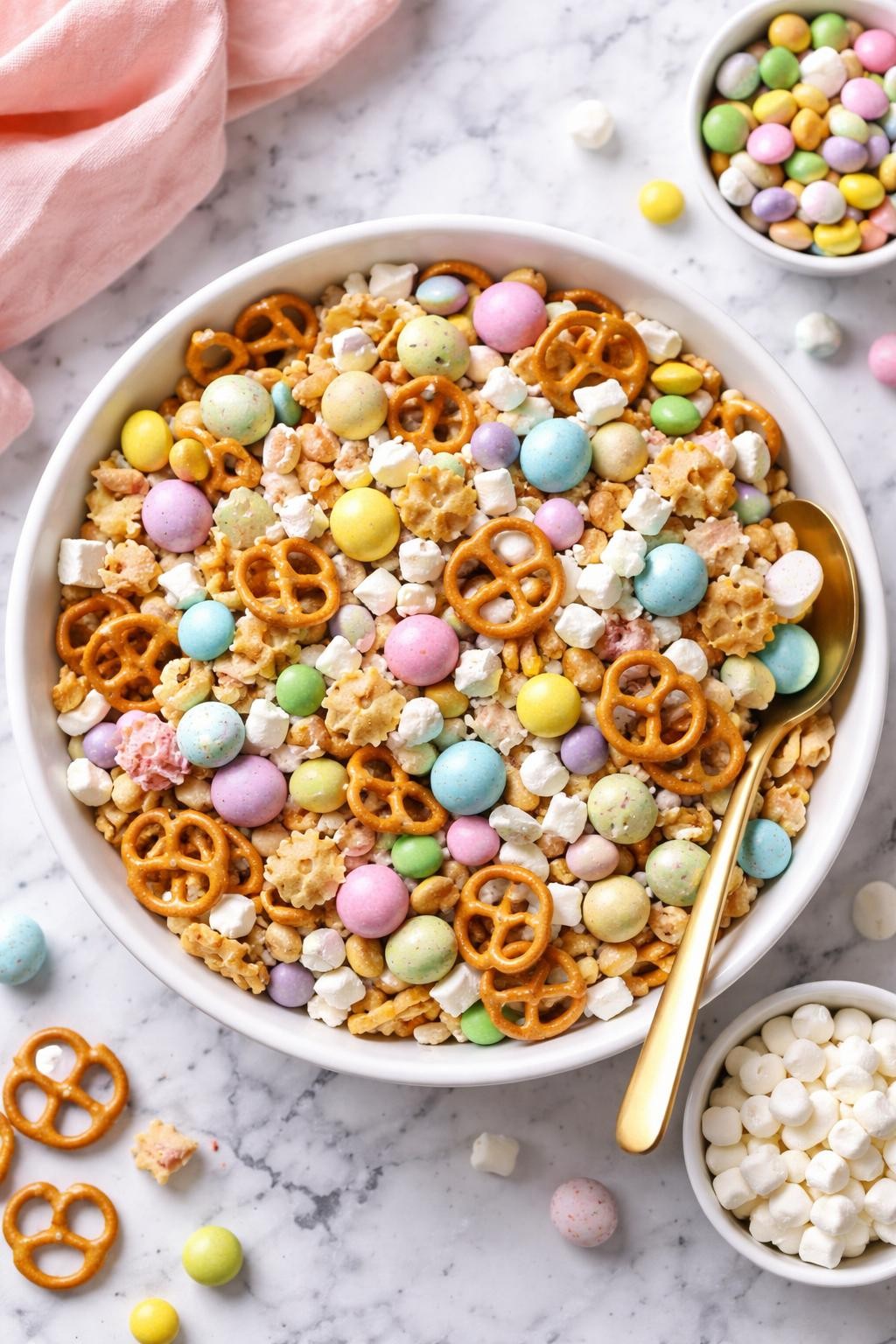 An overheard picture view of a plate of Gluten-Free Easter Trail Mix sitting on a marble countertop table in the kitchen, professional food photography style.