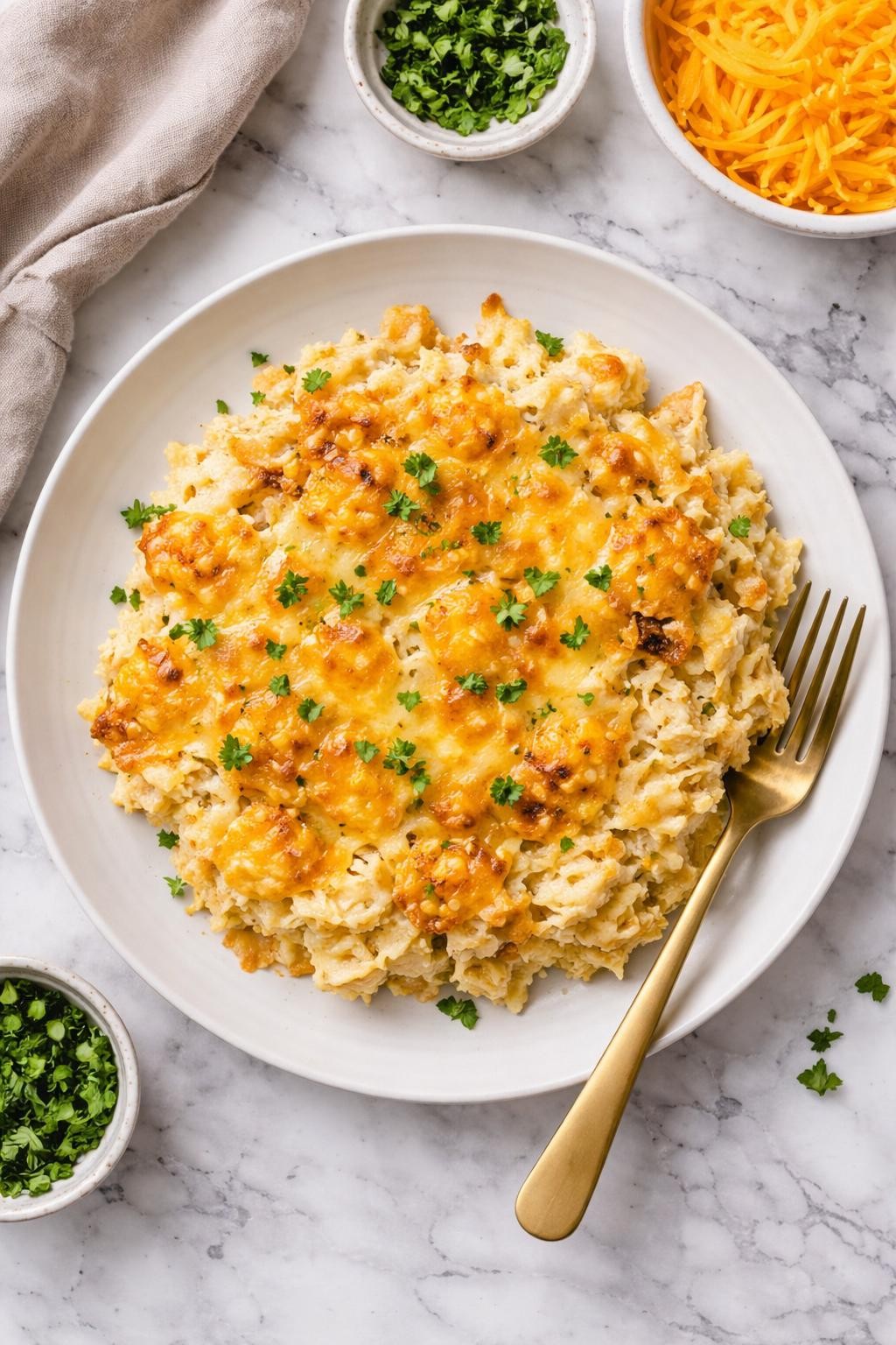 An overheard picture view of a plate of Cheesy Hashbrown Casserole sitting on a marble countertop table in the kitchen, professional food photography style.
