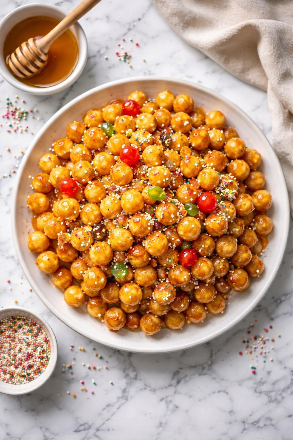 An overheard picture view of a plate of Struffoli (Neapolitan Honey Balls) sitting on a marble countertop table in the kitchen, professional food photography style.