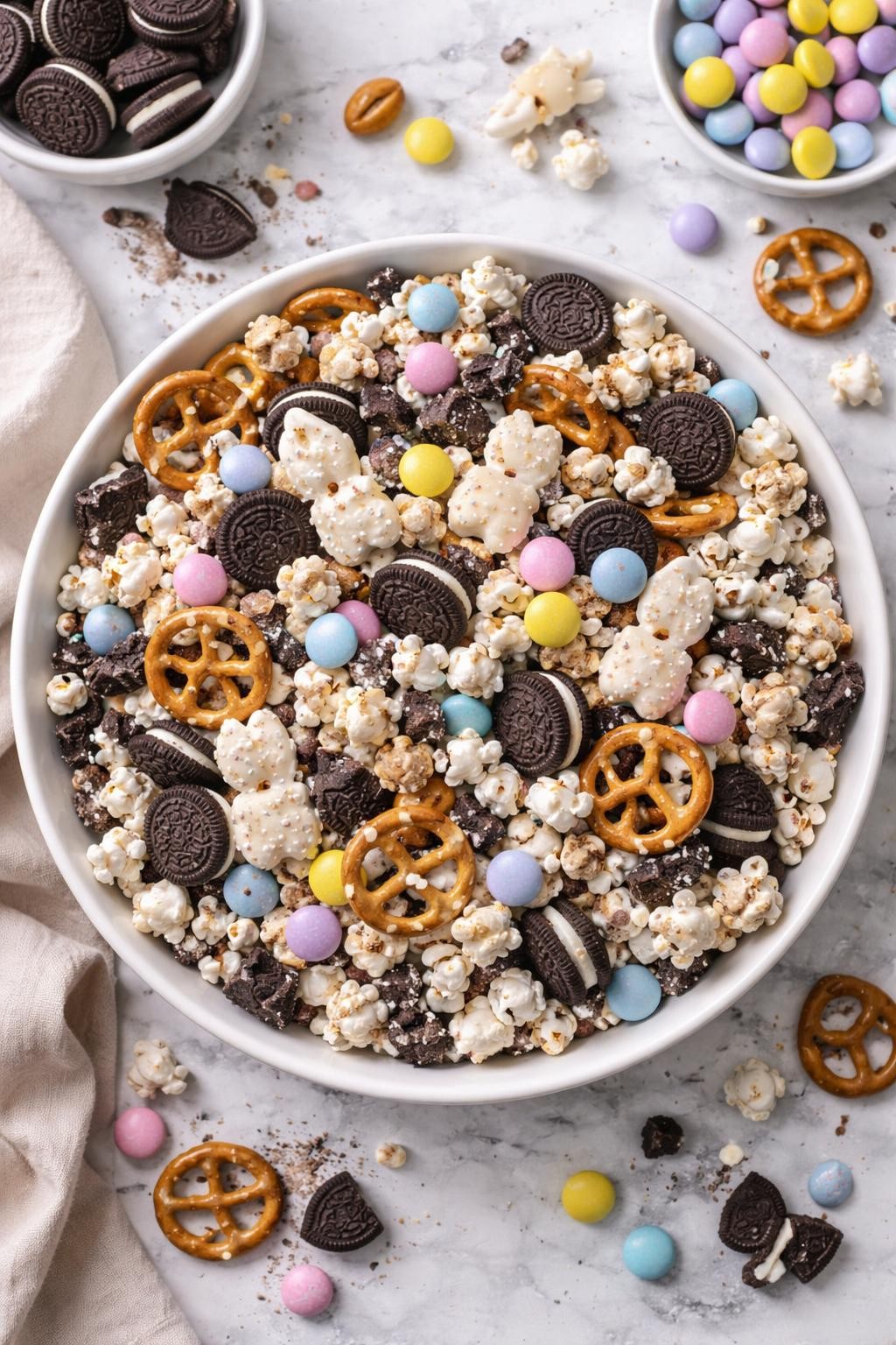 An overheard picture view of a plate of Cookies and Cream Easter Trail Mix sitting on a marble countertop table in the kitchen, professional food photography style.