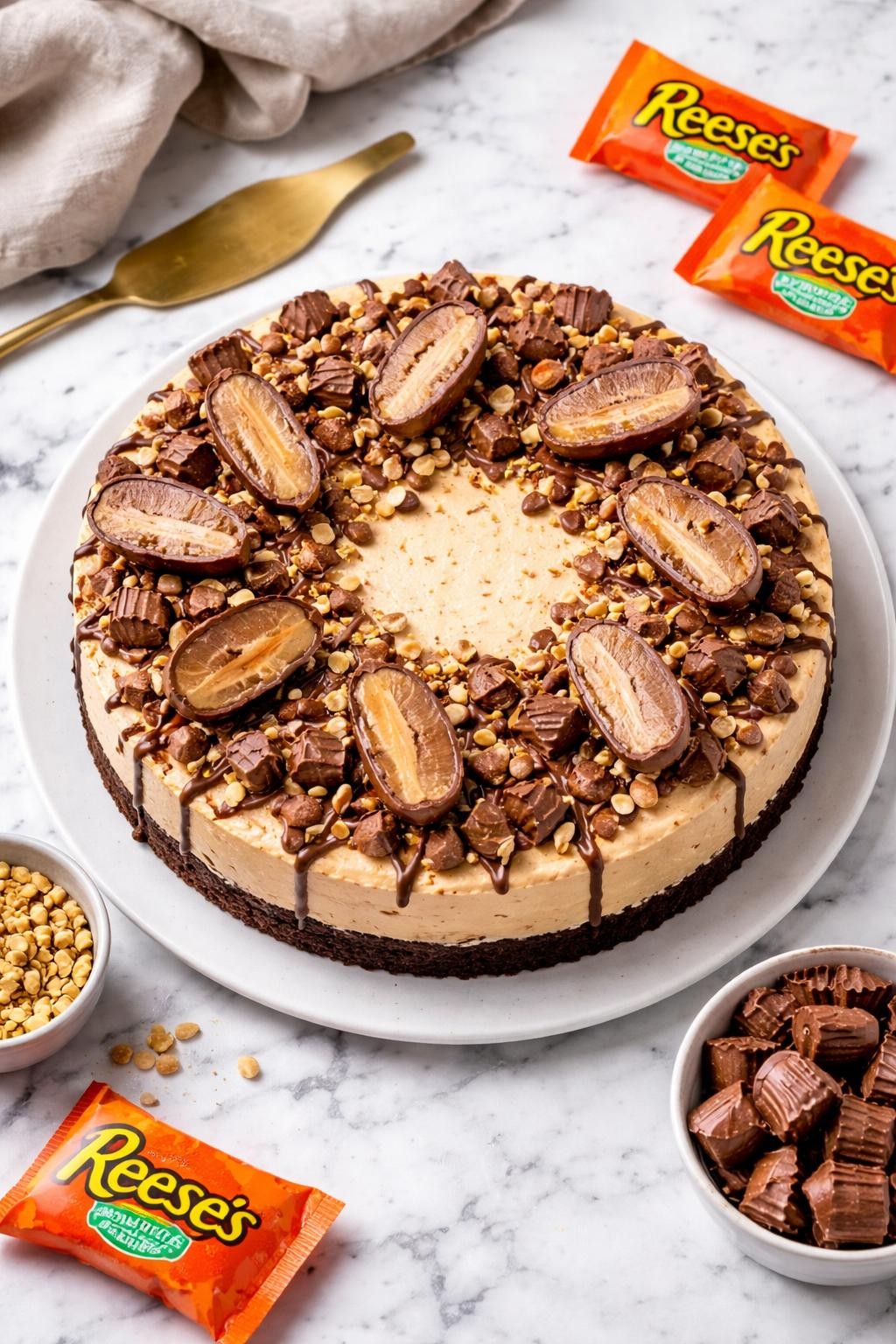An overheard picture view of a plate of Reese's Eggs Peanut Butter Cheesecake sitting on a marble countertop table in the kitchen, professional food photography style.