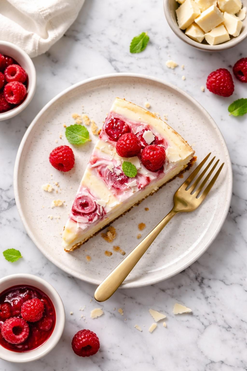 An overheard picture view of a plate of White Chocolate Raspberry Swirl Cake sitting on a marble countertop table in the kitchen, professional food photography style.
