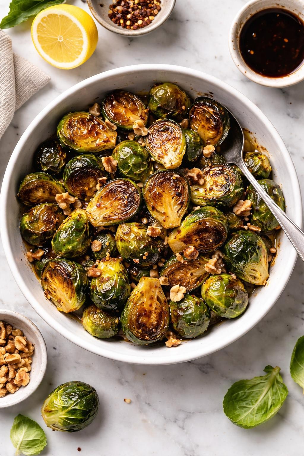 An overheard picture view of a plate of Honey Balsamic Brussels Sprouts sitting on a marble countertop table in the kitchen, professional food photography style.