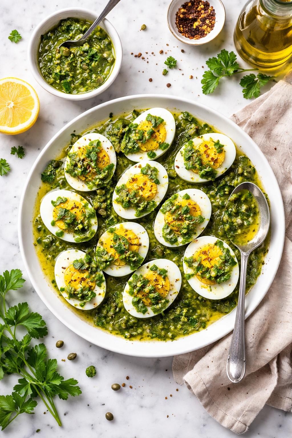 An overheard picture view of a plate of Uova sode in salsa verde (Hard-Boiled Eggs in Green Sauce) sitting on a marble countertop table in the kitchen, professional food photography style.