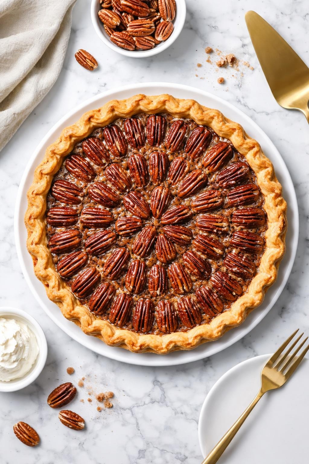 An overheard picture view of a plate of Classic Pecan Pie sitting on a marble countertop table in the kitchen, professional food photography style.