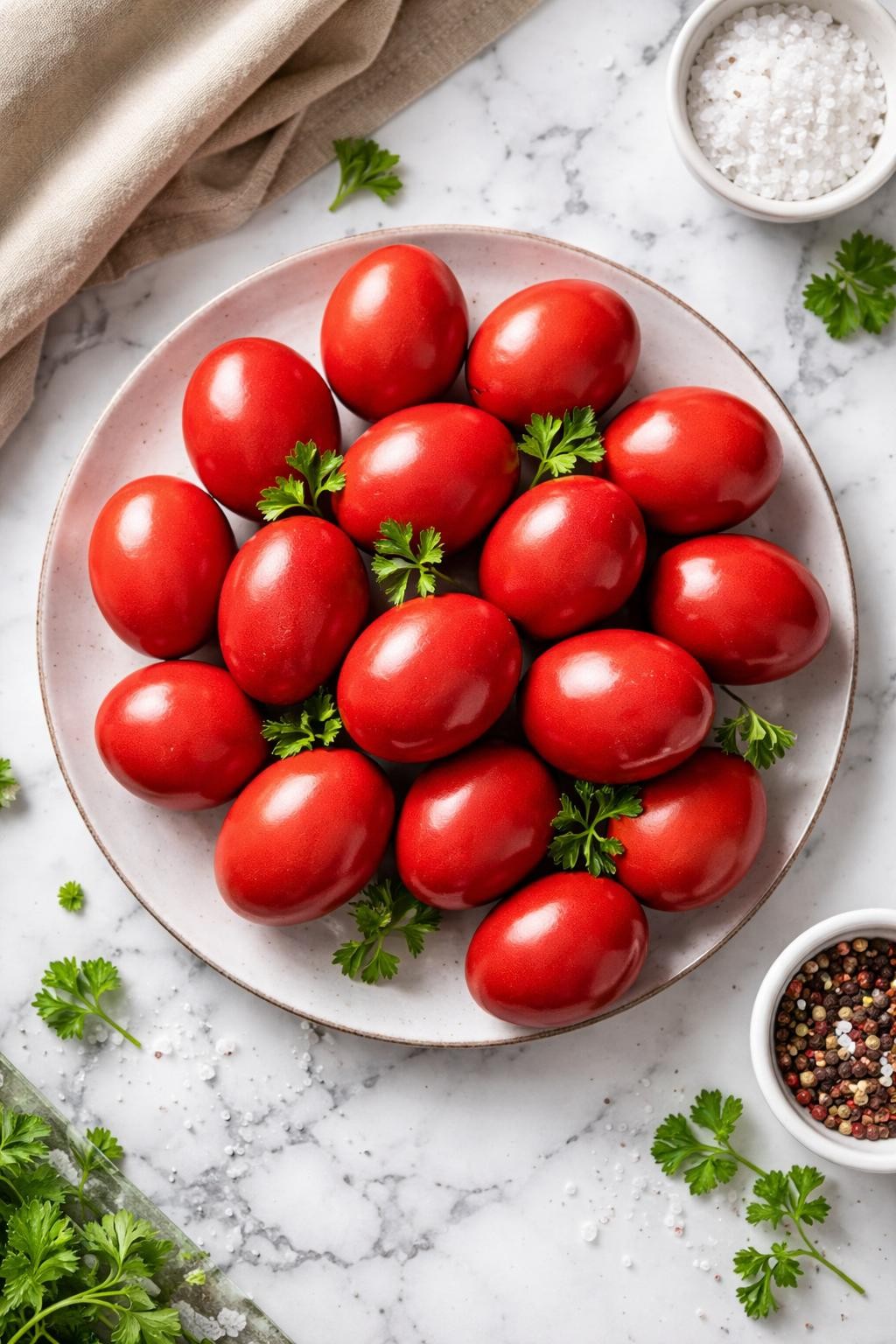 An overheard picture view of a plate of Red Easter Eggs (Kokkina Avga) sitting on a marble countertop table in the kitchen, professional food photography style.