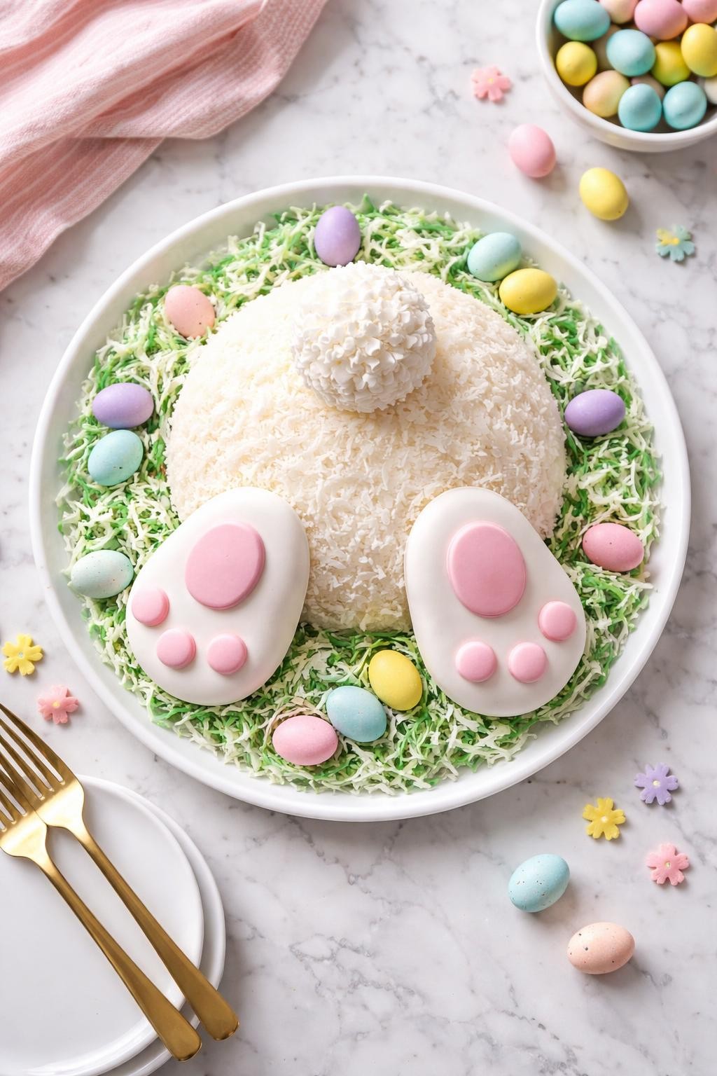 An overheard picture view of a plate of Easter Bunny Butt Cake sitting on a marble countertop table in the kitchen, professional food photography style.