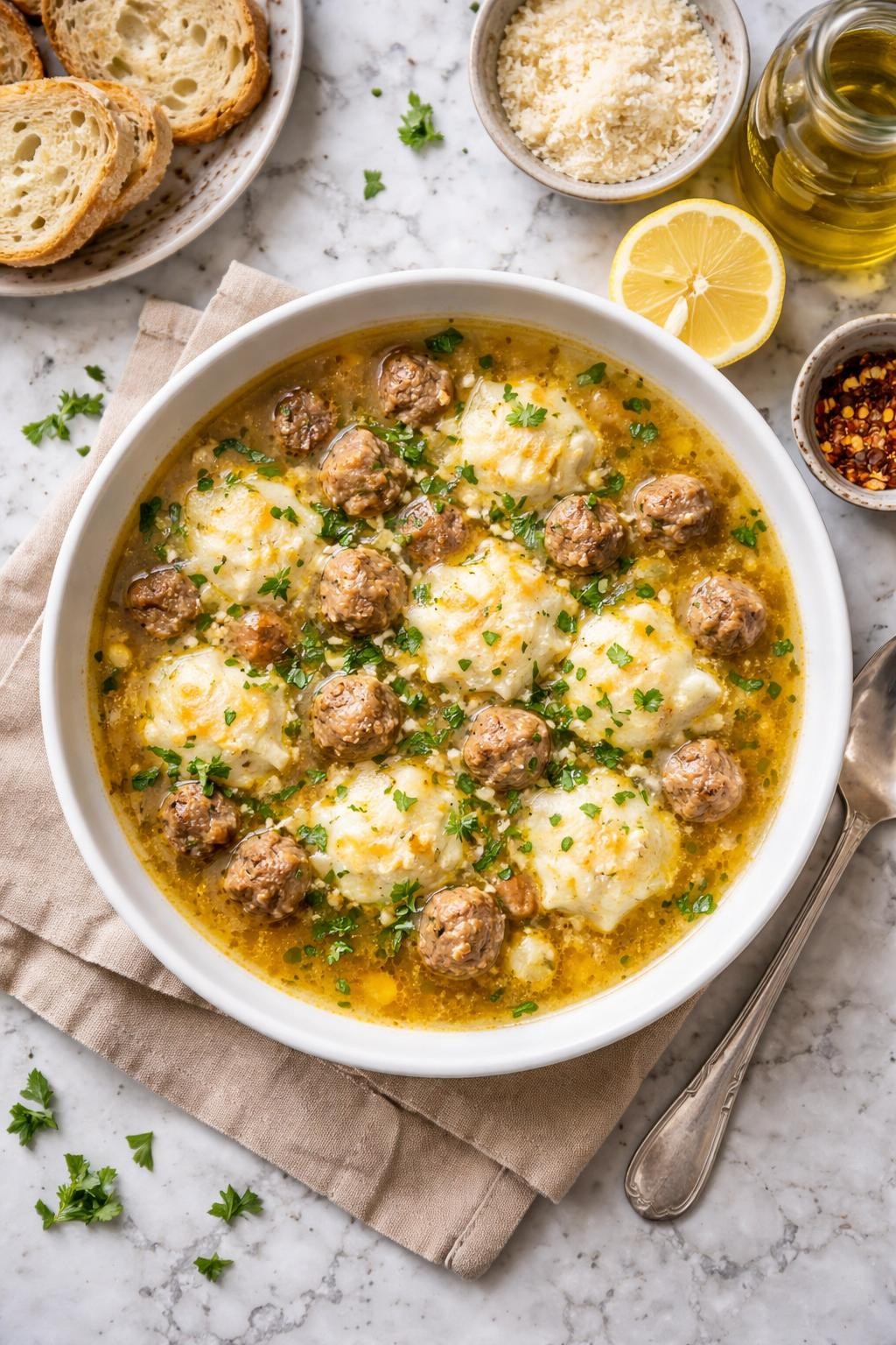 An overheard picture view of a plate of Sciusceddu alla Messinese (Easter Soup from Messina) sitting on a marble countertop table in the kitchen, professional food photography style.