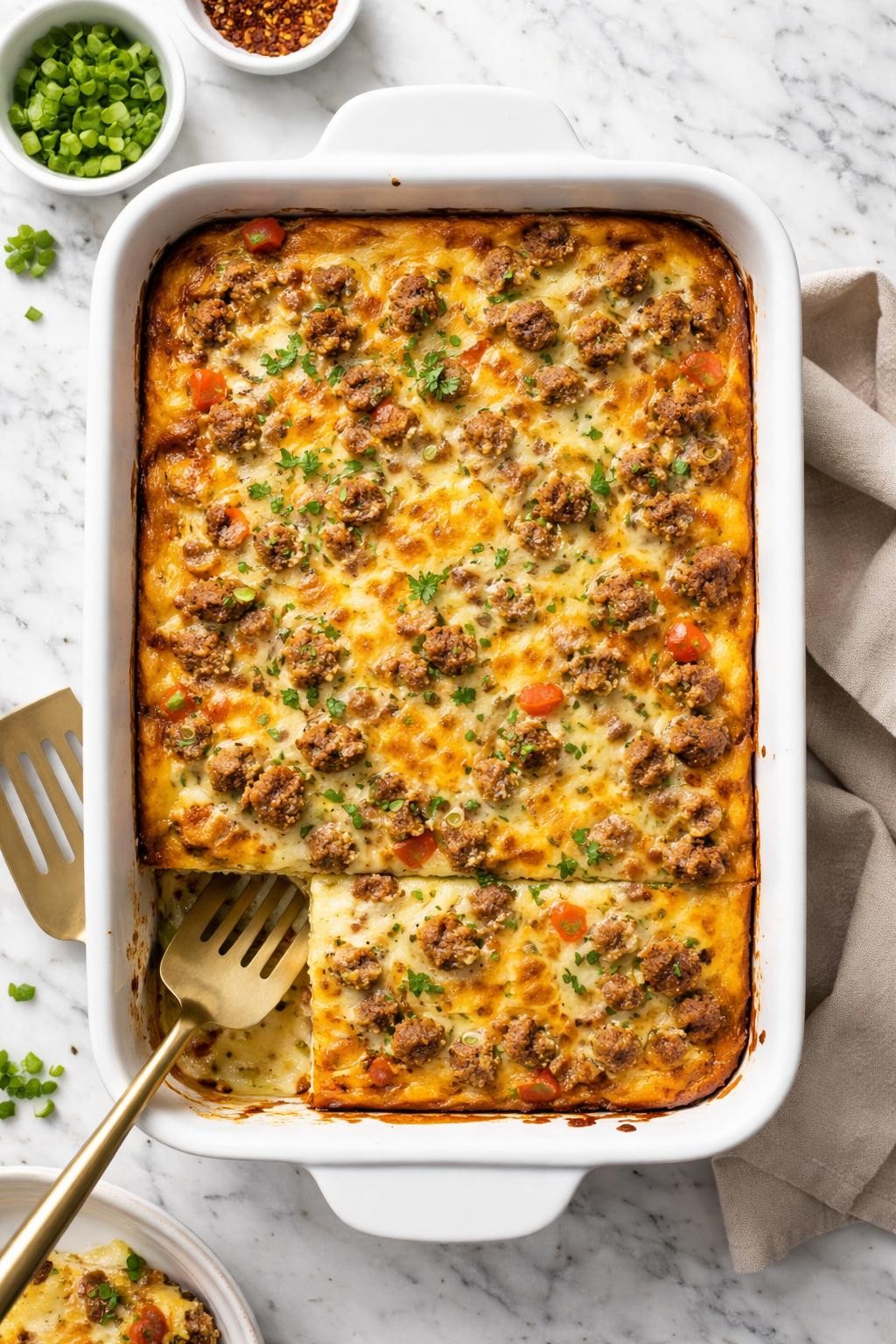 An overheard picture view of a plate of Overnight Sausage and Egg Breakfast Casserole sitting on a marble countertop table in the kitchen, professional food photography style.