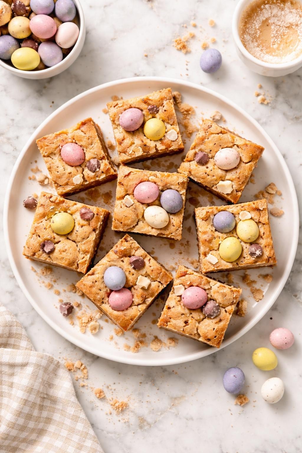 An overheard picture view of a plate of Cadbury Mini Egg Sourdough Blondies sitting on a marble countertop table in the kitchen, professional food photography style.