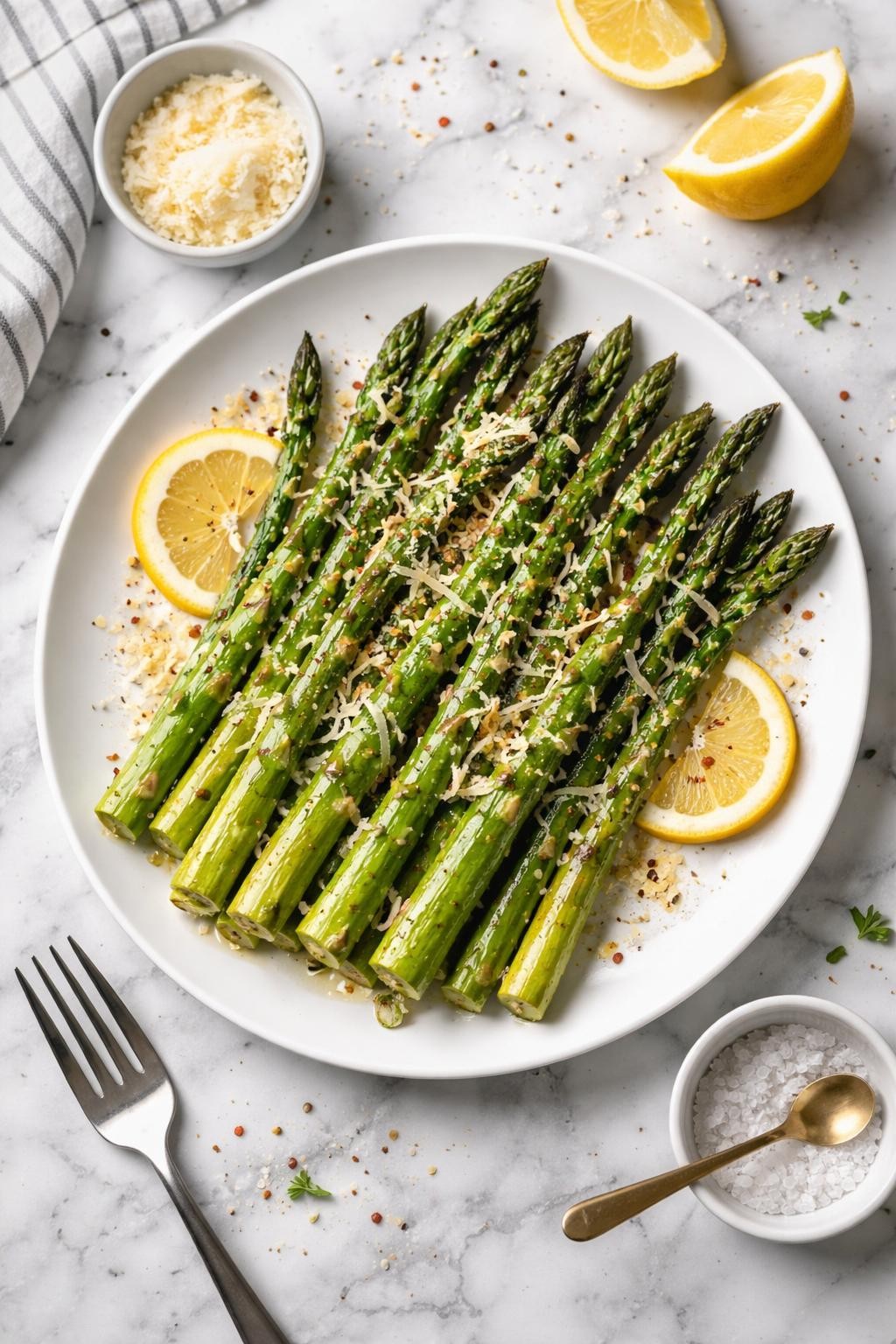 An overheard picture view of a plate of Asparagus with Lemon and Parmesan sitting on a marble countertop table in the kitchen, professional food photography style.