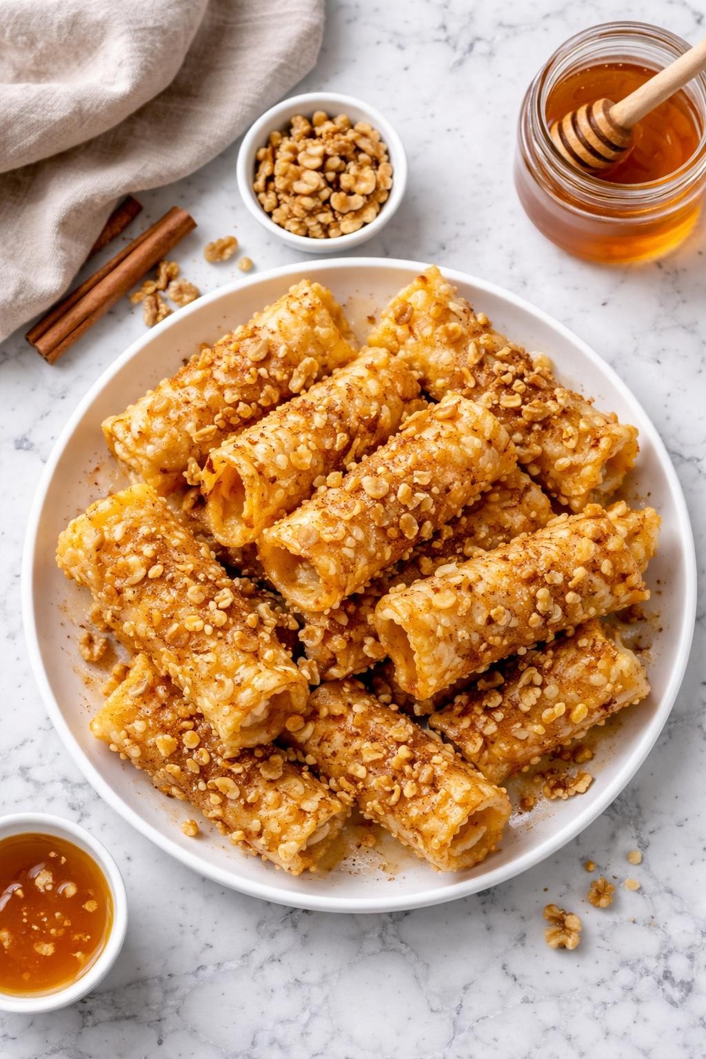 An overheard picture view of a plate of Diples (Honey-Fried Pastry) sitting on a marble countertop table in the kitchen, professional food photography style.