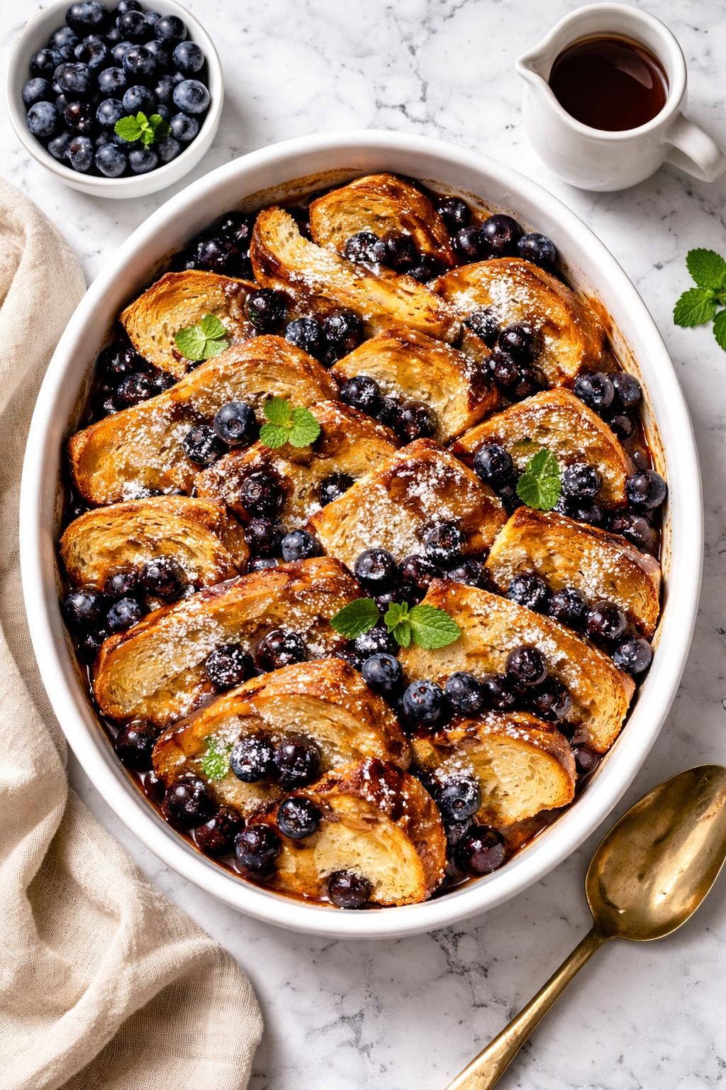 An overheard picture view of a plate of Overnight Blueberry French Toast sitting on a marble countertop table in the kitchen, professional food photography style.