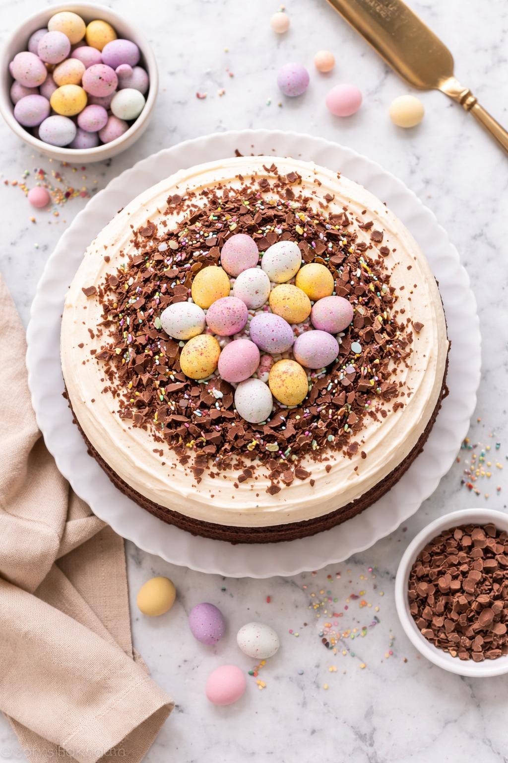 An overheard picture view of a plate of Cadbury Mini Egg Cake sitting on a marble countertop table in the kitchen, professional food photography style.