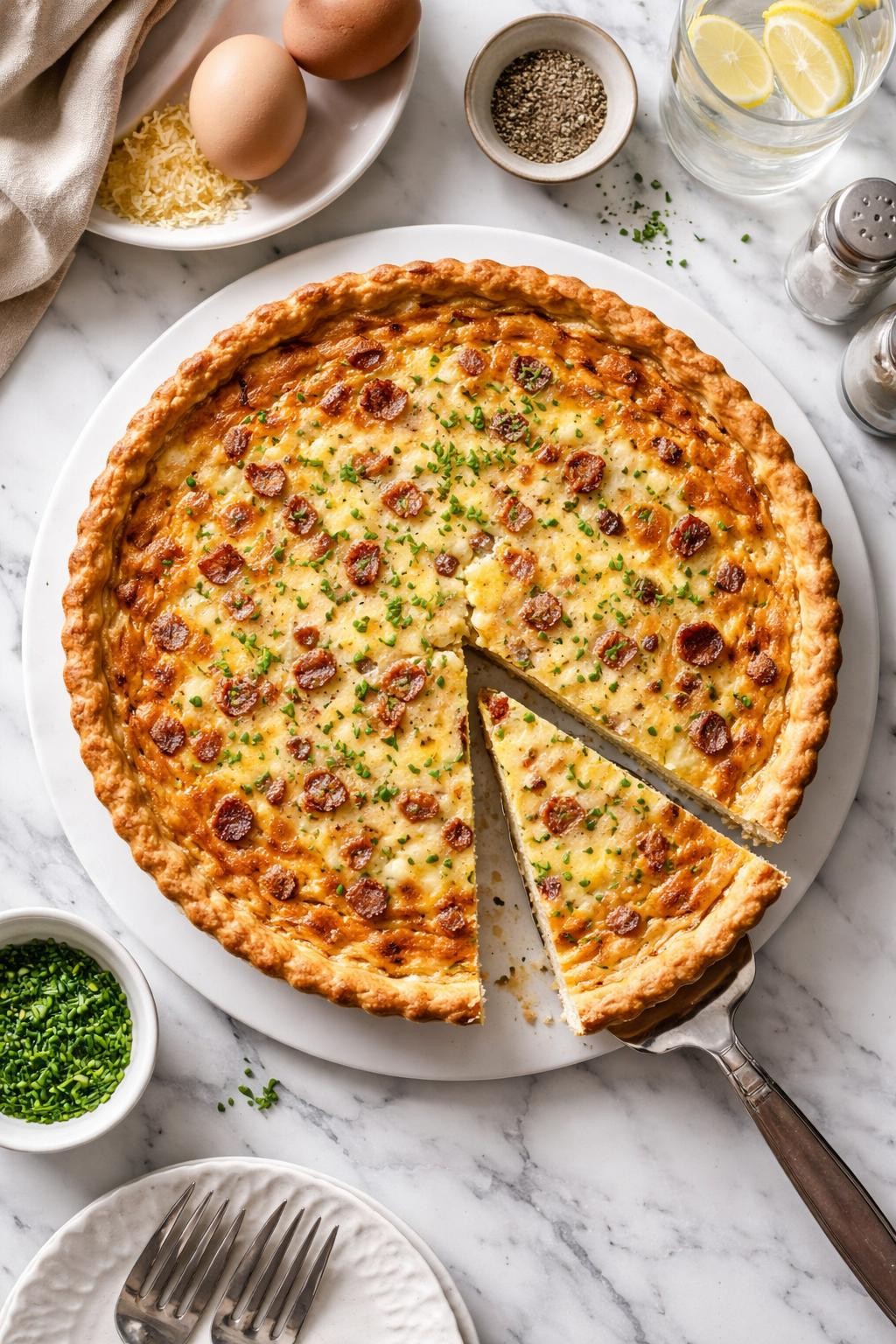 An overheard picture view of a plate of Make-Ahead Quiche Lorraine sitting on a marble countertop table in the kitchen, professional food photography style.