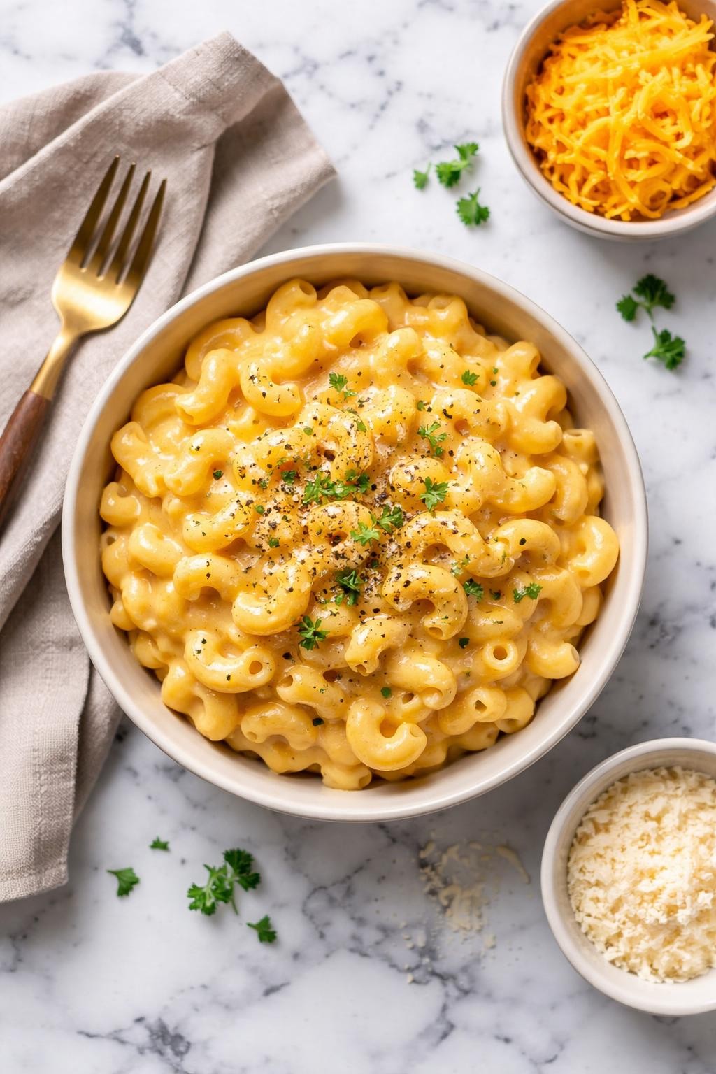 An overheard picture view of a plate of Slow Cooker Mac and Cheese sitting on a marble countertop table in the kitchen, professional food photography style.