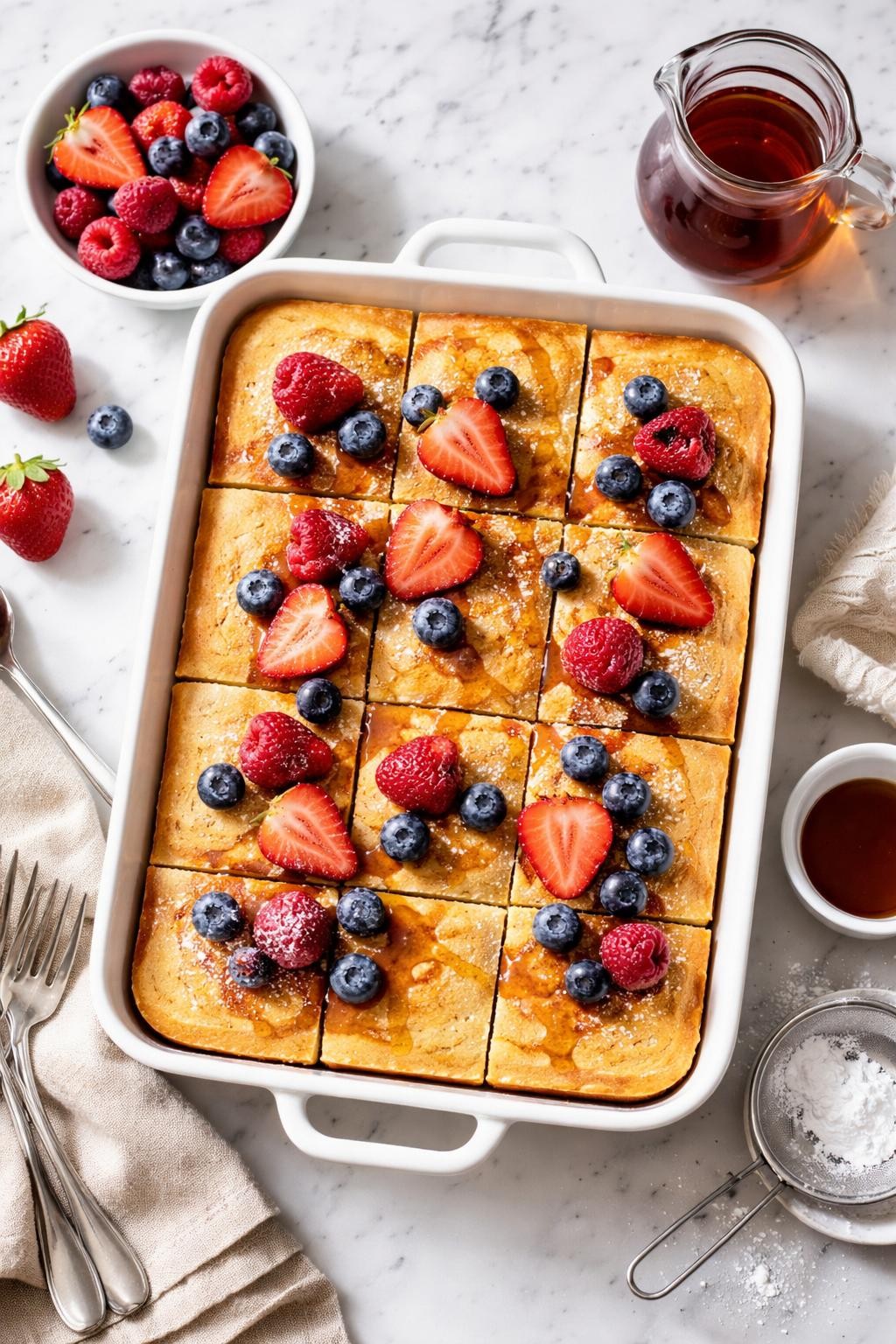 An overheard picture view of a plate of Overnight Baked Pancakes sitting on a marble countertop table in the kitchen, professional food photography style.