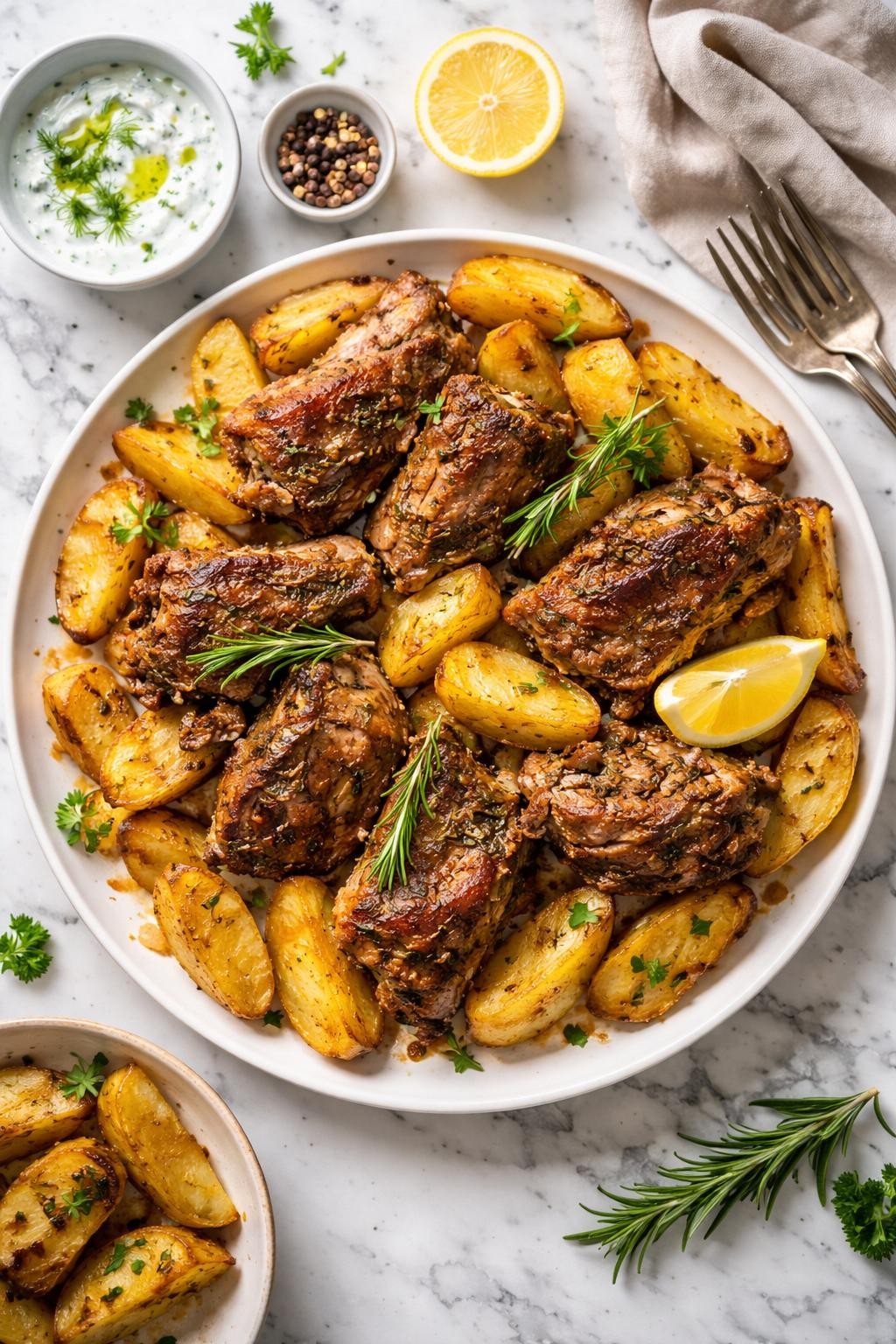 An overheard picture view of a plate of Oven-Roasted Lamb with Potatoes (Arni sto Fourno) sitting on a marble countertop table in the kitchen, professional food photography style.