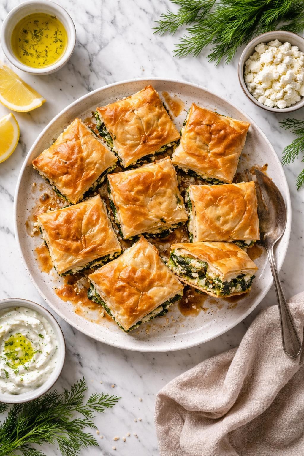 An overheard picture view of a plate of Spanakotyropita (Spinach and Cheese Pie) sitting on a marble countertop table in the kitchen, professional food photography style.