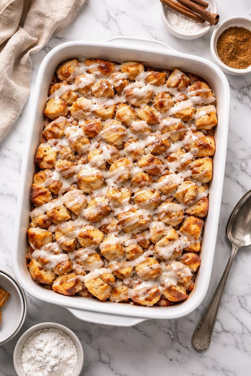 An overheard picture view of a plate of Cinnamon Roll Casserole sitting on a marble countertop table in the kitchen, professional food photography style.
