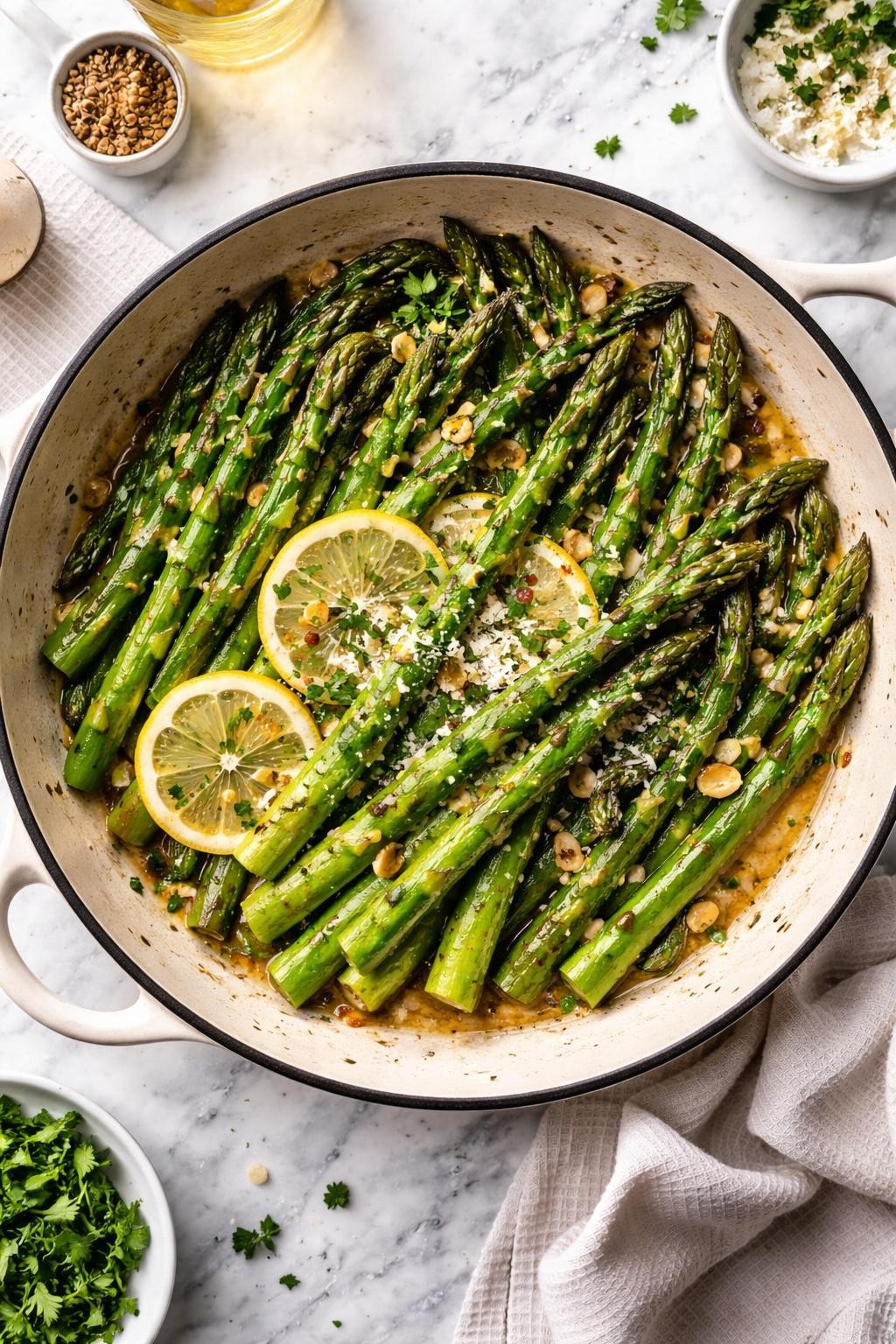 An overheard picture view of a plate of Asparagi in Casseruola (Sautéed Asparagus) sitting on a marble countertop table in the kitchen, professional food photography style.
