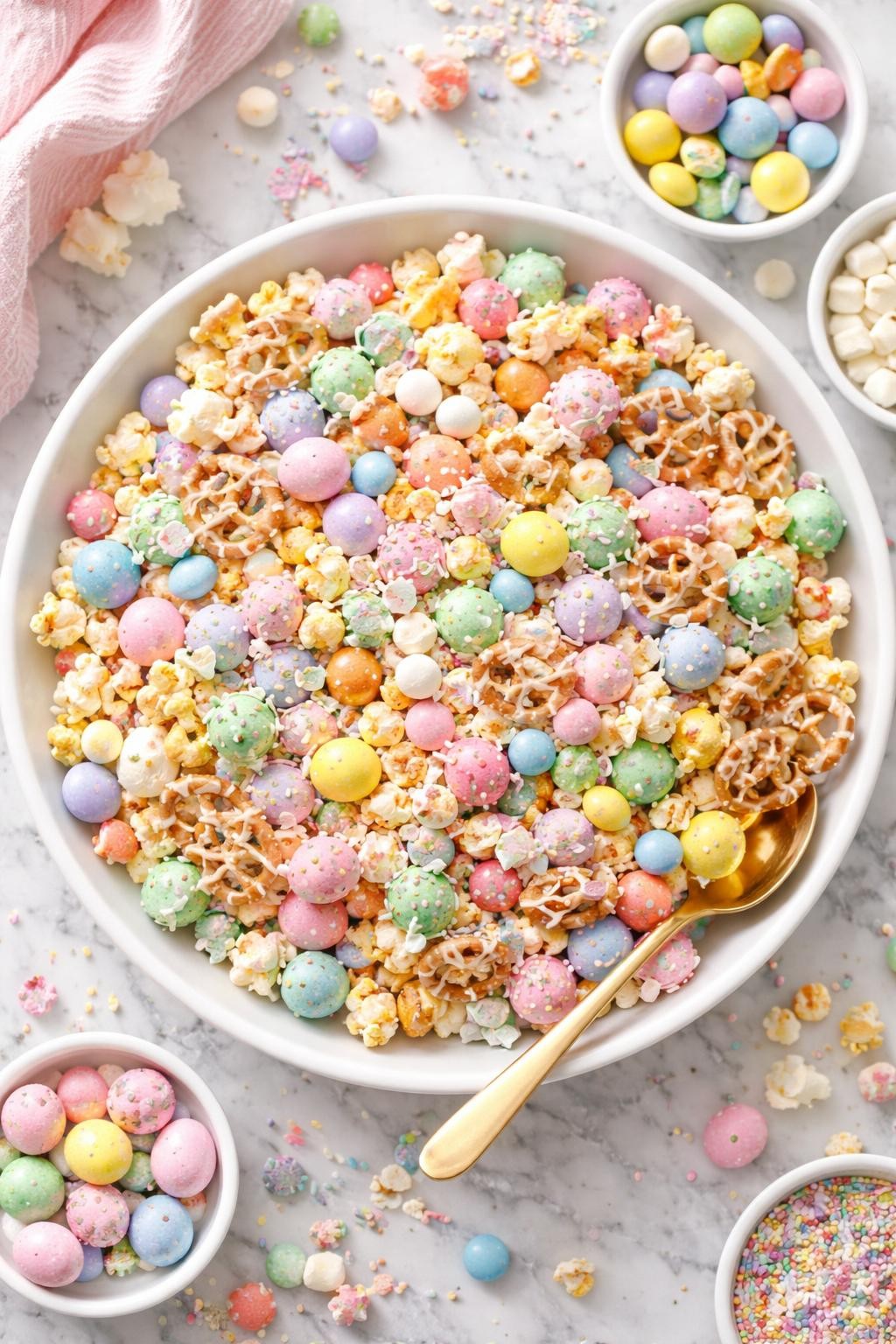 An overheard picture view of a plate of Fruity Easter Bunny Mix sitting on a marble countertop table in the kitchen, professional food photography style.