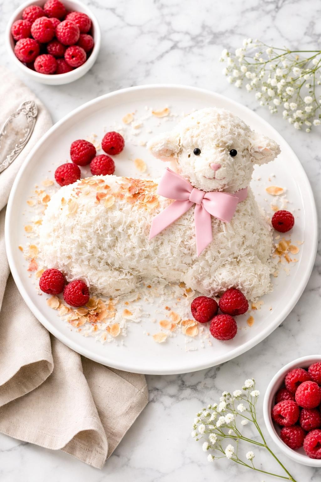 An overheard picture view of a plate of Coconut Raspberry Lamb Cake sitting on a marble countertop table in the kitchen, professional food photography style.