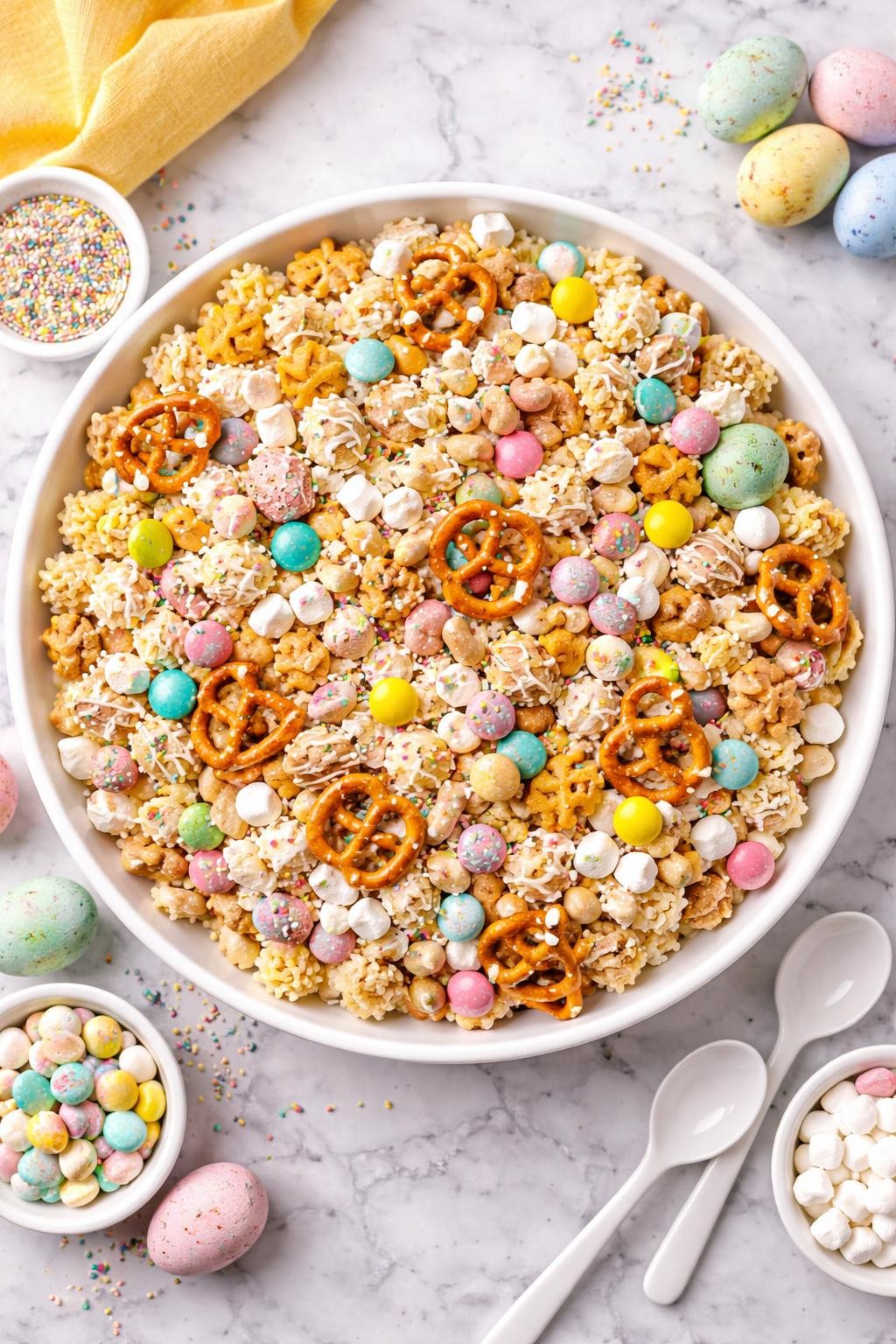 An overheard picture view of a plate of Chex Official Easter Party Mix sitting on a marble countertop table in the kitchen, professional food photography style.